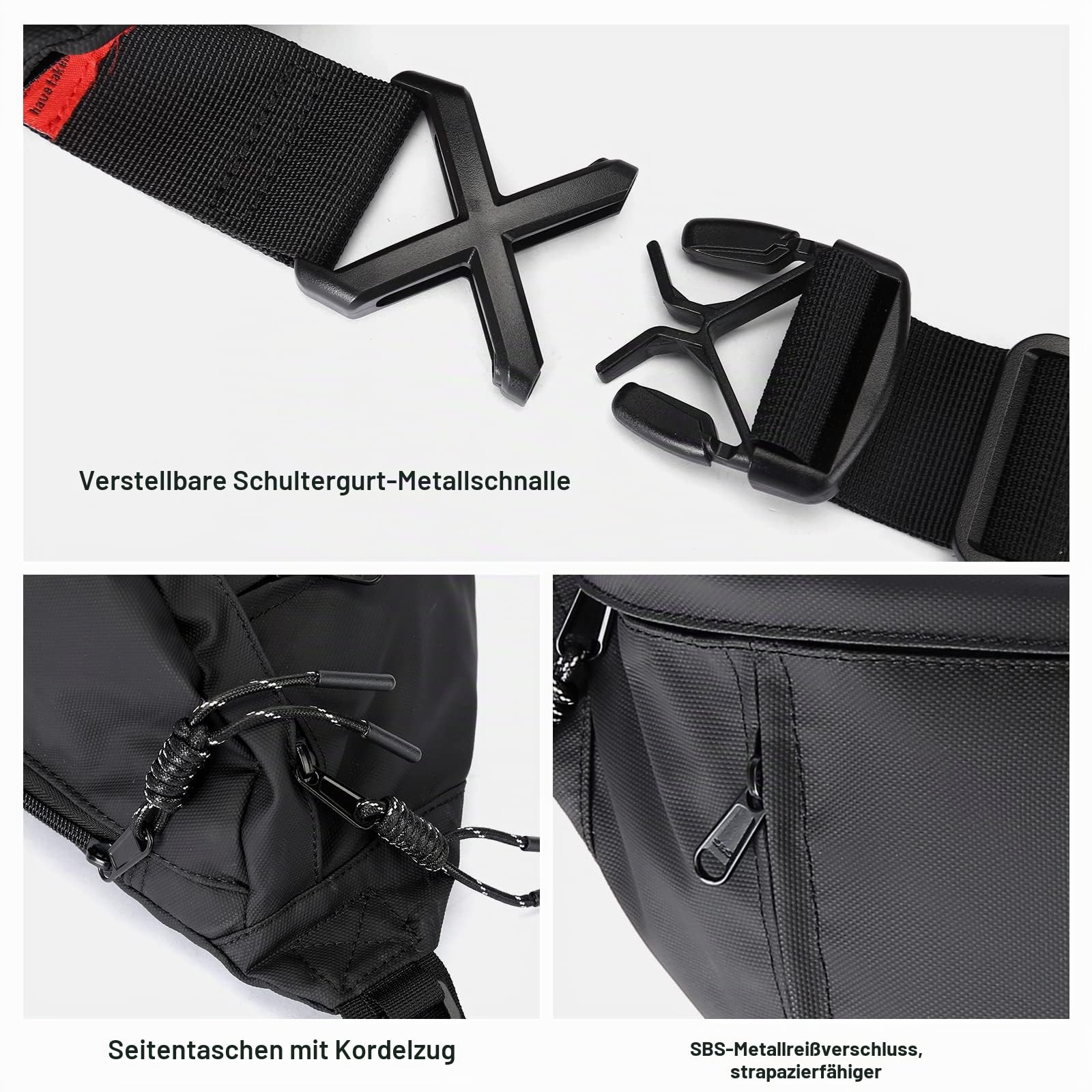 Große Gürteltasche in Übergröße für Männer und Frauen, wasserdicht, Hüfttasche mit verstellbarem Gurt für Reisen, Sport, Wandern, Laufen, Militär, Weiß, Schwarz (mit 5 Reißverschlusstaschen)