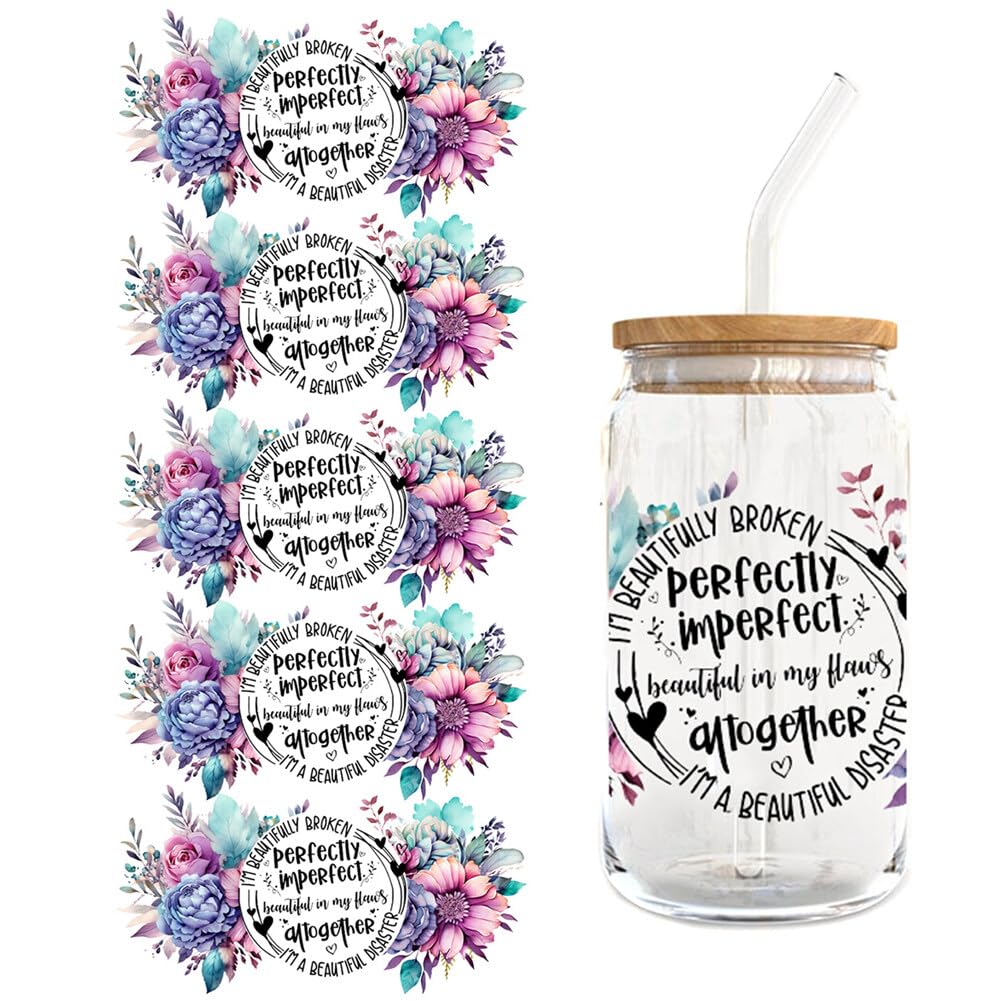URFEDA UV DTF Rub on Transfer Stickers, 5 Sheets UV DTF Cup Wrap Transfer Sticker Aesthetic for Glass Cups Waterproof Rub on Flowers Transfer Sticker for Glass Coffee Mug Glass Furniture