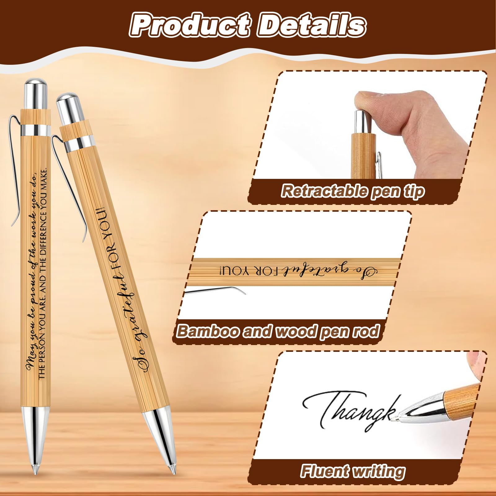 Aurobest 20 Sets Thank you Gifts with Cards & Organza Bag, Bamboo Ballpoint, Inspirational Personalised Pens, Motivational Gift Set for Appreciation Employee, Colleagues, Teacher, Volunteer, Coworker - Image 3