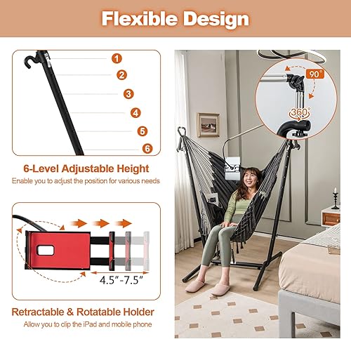 Miniatura 5 de Giantex Columpio colgante con soporte, hamaca con soporte para teléfono, almohada, bolsillo de almacenamiento, bolsa de transporte, 6 alturas