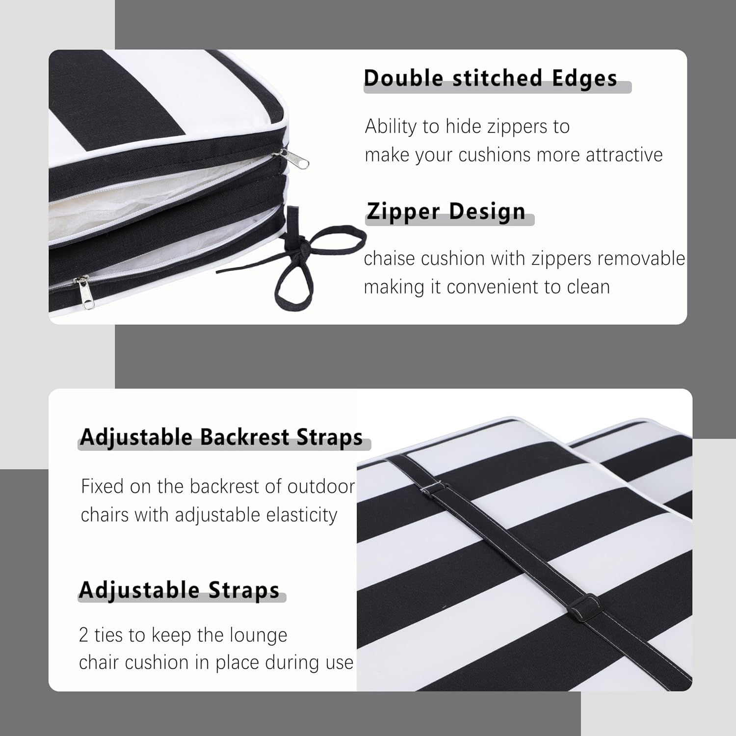 Outdoor Chaise Lounge Cushions Set of 2, 75"x22"x2.7" Thick Patio Chaise Cushions with Straps, Water-Resistant & Fade-Resistant Foam for Pool, Lawn Furniture-Black/White Striped