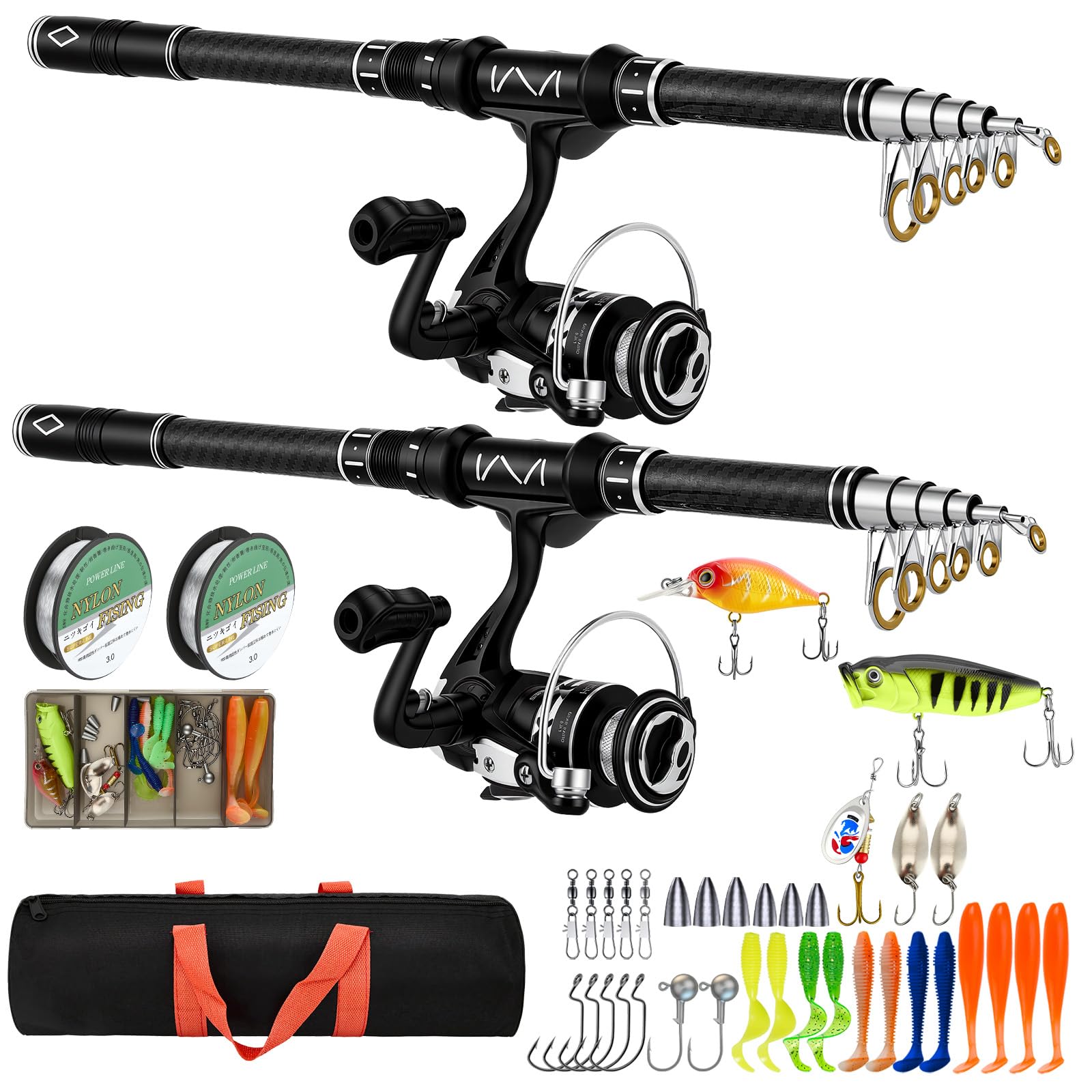Angelset mit 2 Teleskop-Angelruten, 2.4m Kohlefaser-Angelrute Set Komplett 2 5.2:1 Spinnrolle, Köderbox & Tragetasche, Angelrute Set für Salzwasser Süßwasse Fishing, Reisen–Angelgeschenk