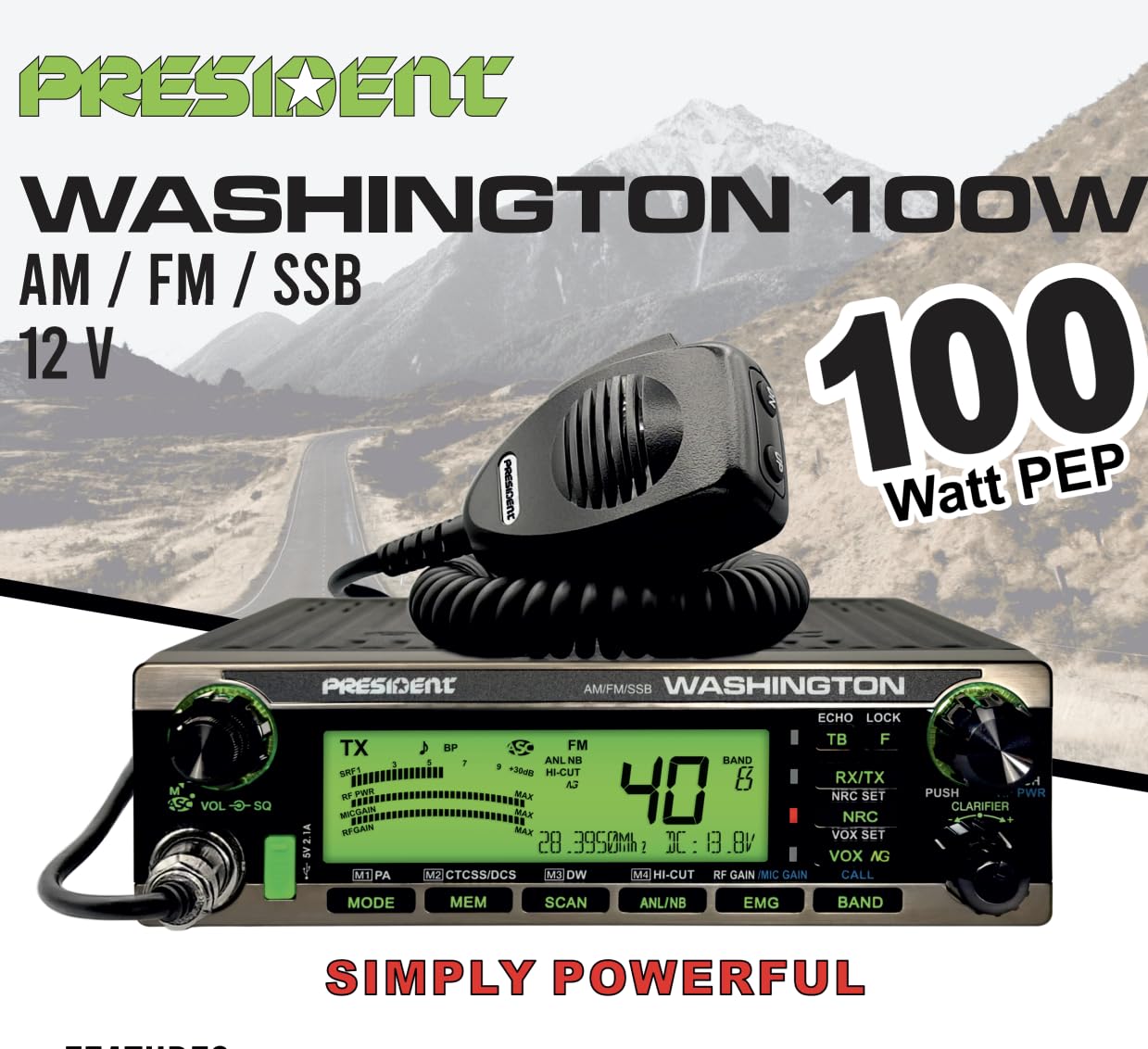 President Washington 100W – Ricetrasmettitore CB/Radioamatore HF 10m/12m, AM/FM/USB/LSB, 100W PEP, Porta USB, VOX, SWR, Bluetooth Compatibile, Stazione Base
