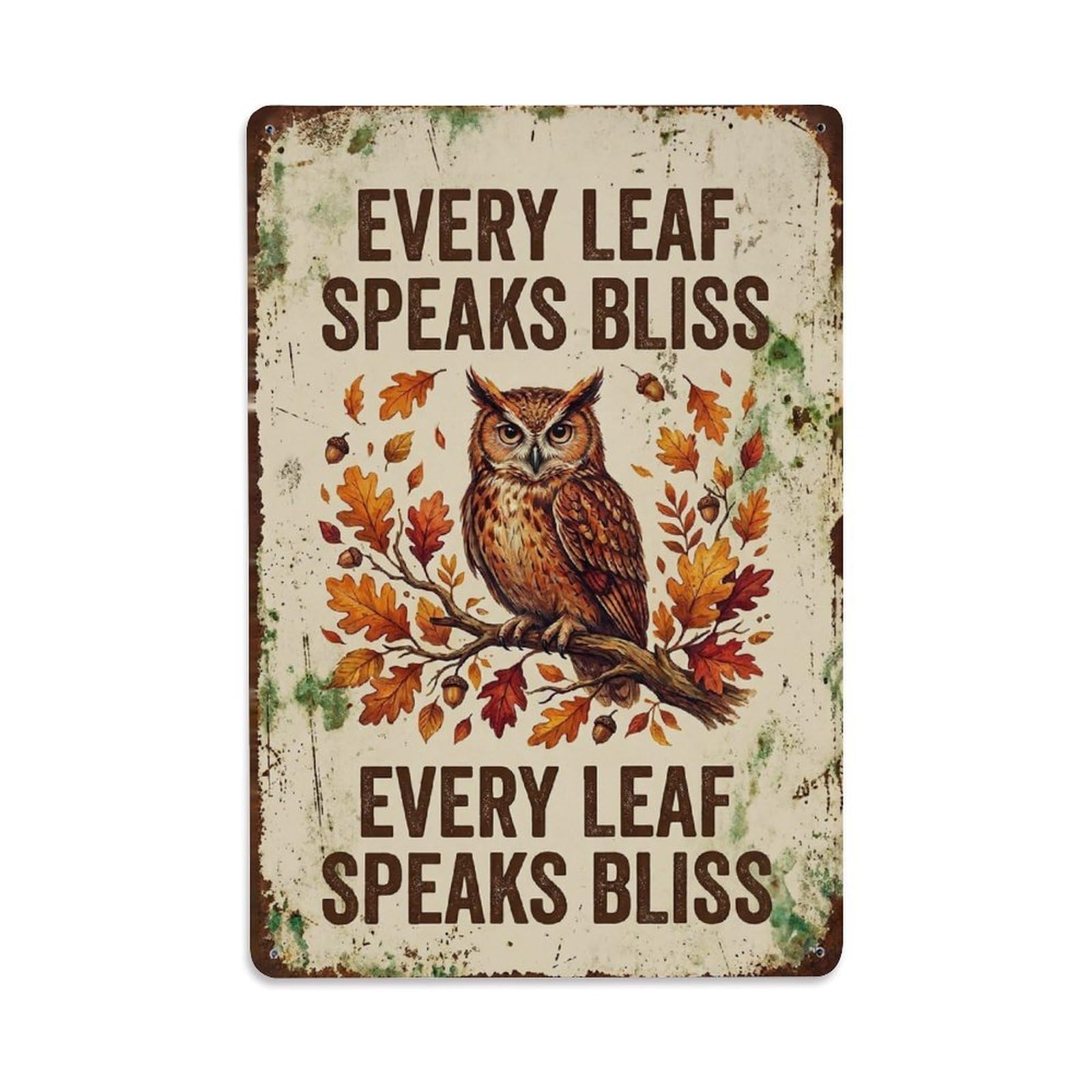 Okngb Style Folk Inspirational Nature Quote Leaf Speaks Bliss Metal Tin Sign Plaque Wall Decor For Cafe, Man Cave, Club Bar, Office, Home Garden Round Metal Poster 8X12inch
