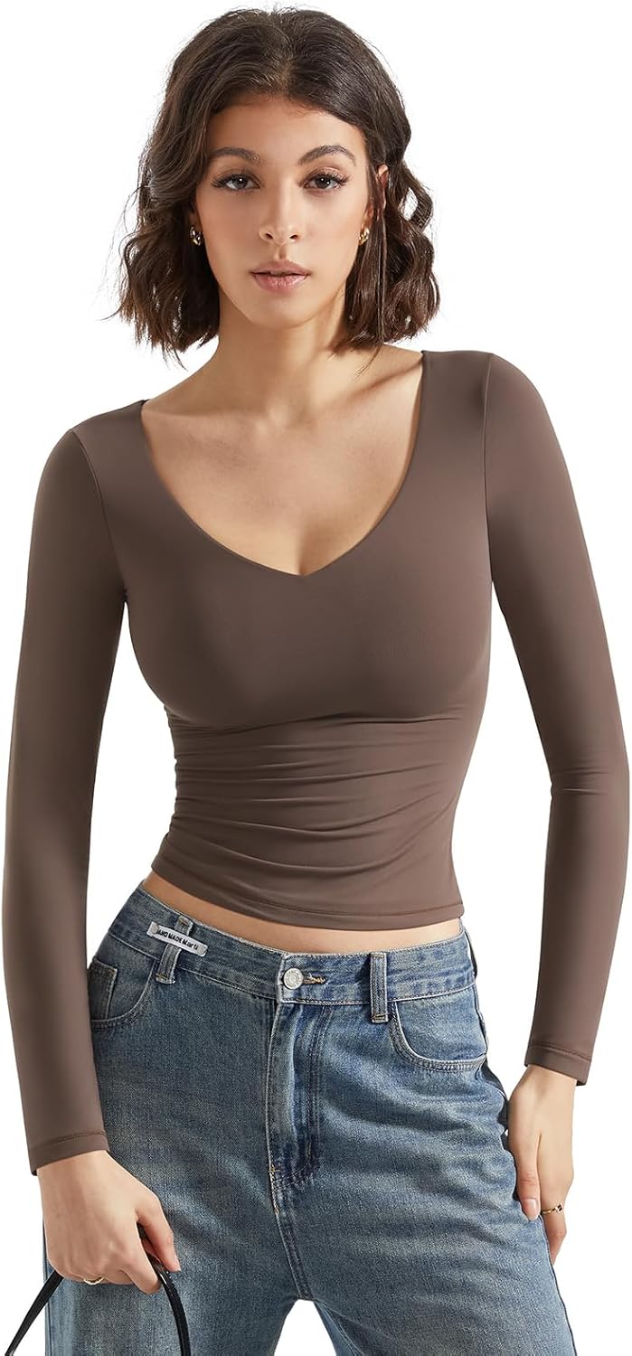 SUUKSESS Women Double Lined Casual V Neck Crop Tank Tops Basic Long Sleeve Shirts - Image 3