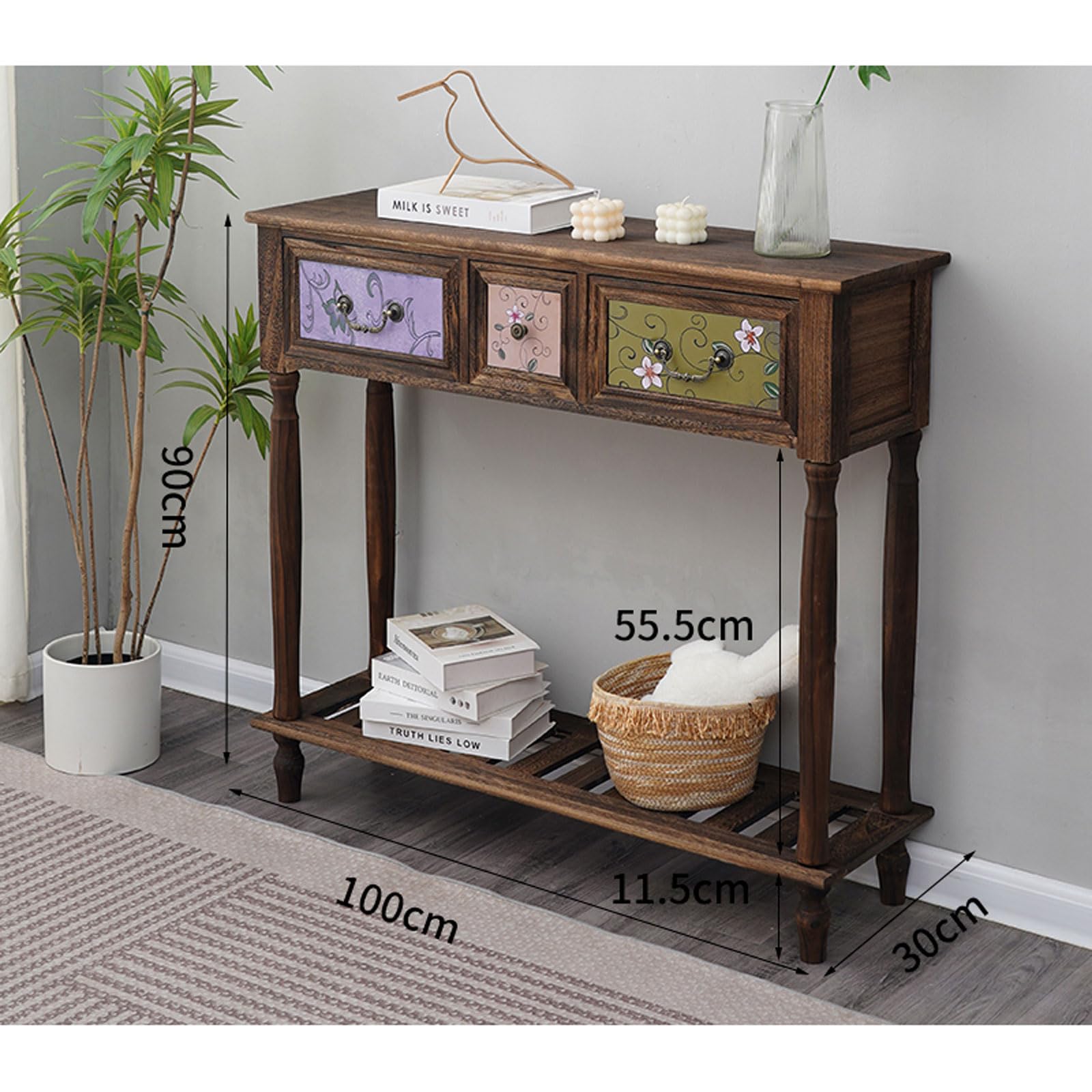 Consola de Entrada con 3 cajones, Cómoda de Madera Maciza con estantes, Mesa de recibidor, Mueble de almacenaje, Mesa Auxiliar para sofá, Mueble Bar