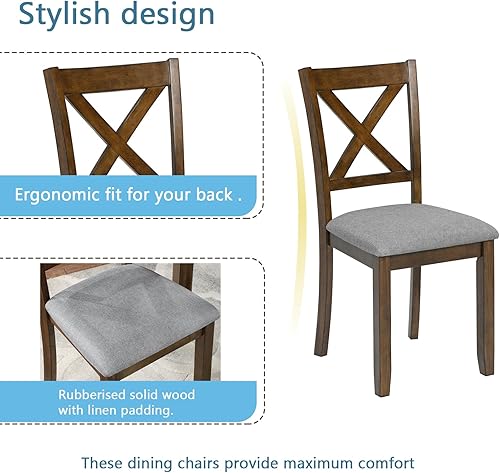 Miniatura 3 de Juego de mesa de comedor de 5 piezas para 4 personas, mesa de comedor de cocina con 4 sillas de madera maciza con cojín suave, ideal para uso en