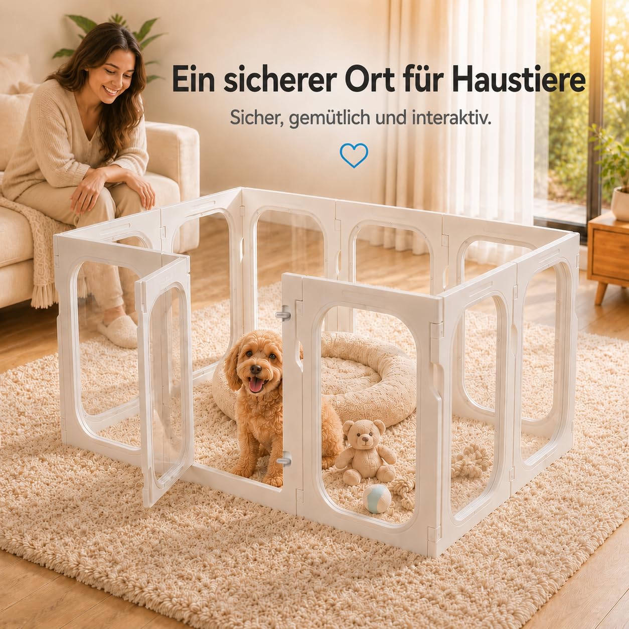 Welpenauslauf 65 cm hoch, transparenter Laufstall Hund mit Tür, tragbares Haustiergehege, 10 Paneele, für kleine bis mittelgroße Hunde, Innen und geschützter Außenbereich