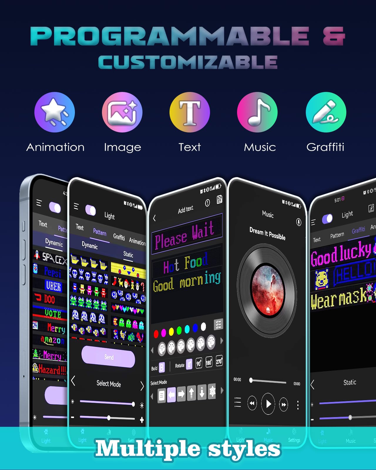 Pizarra LED programable USB 5V App Control de texto ajustable Animación Graffiti Super Luminoso Cartel Publicidad para Car Store Hotel (59x12 cm)