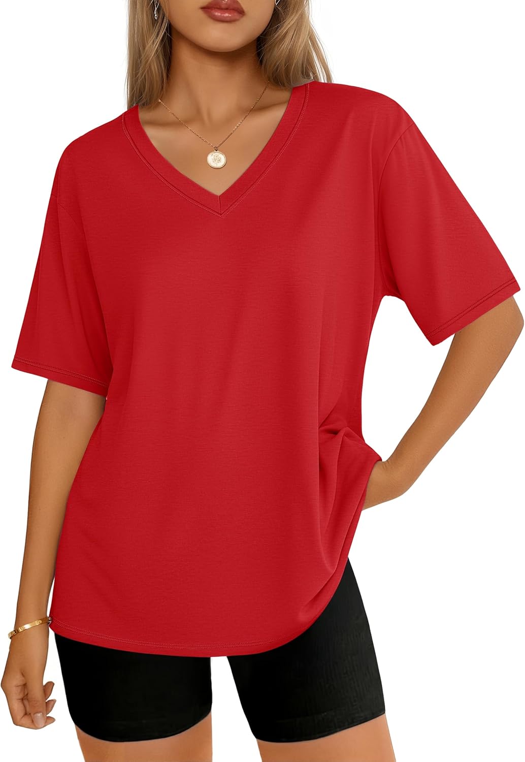 YUCOLEN Oversized Tshirts for Women Cotton V Neck Short Sleeve Loose Fit Tees Summer UPF 50+ Casual Soft Workout Tops