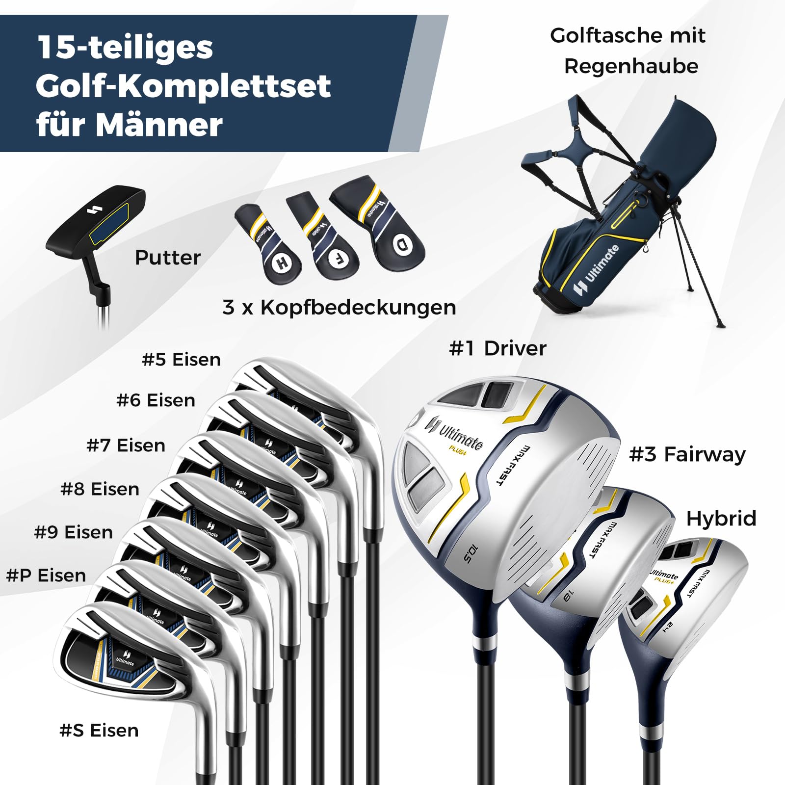 GYMAX komplettes Herren Golfschläger Set, 13-teiliges Golfschlägerpaket mit Standtasche & Regenschutz, Golfset mit 460CC & 1 Driver & 3 Fairway & Hybrid & 5/6/7/8/9/P/S Eisen