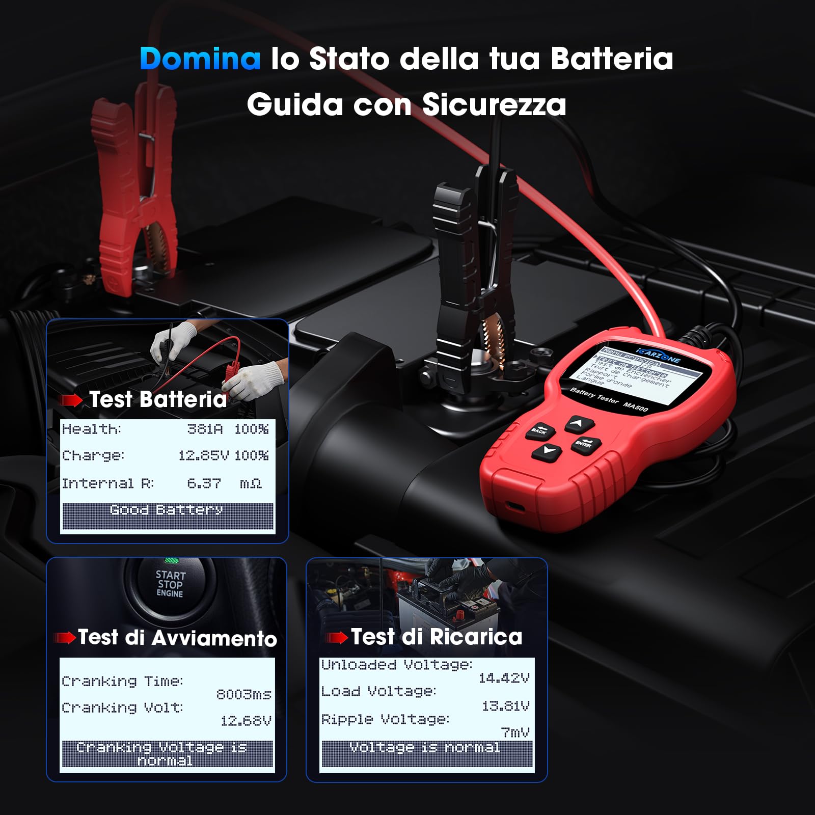 MA500 Tester Batteria Auto, Batterie Diagnostico Digitale 9V-30V per Alternatori 100-2000 CCA, Analizzatore di Ricarica e Avviamento per Auto, Camion, Moto, Barche, Camper, ATV e Yacht