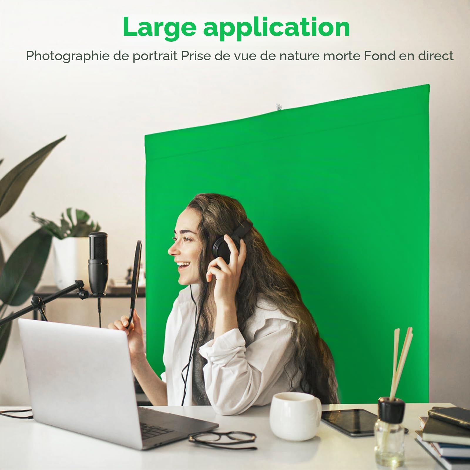 Écran vert avec support, 2 x 1,5 m, fond Chromakey avec support de photographie pour séance photo, streaming, jeux vidéo, enregistrement photo