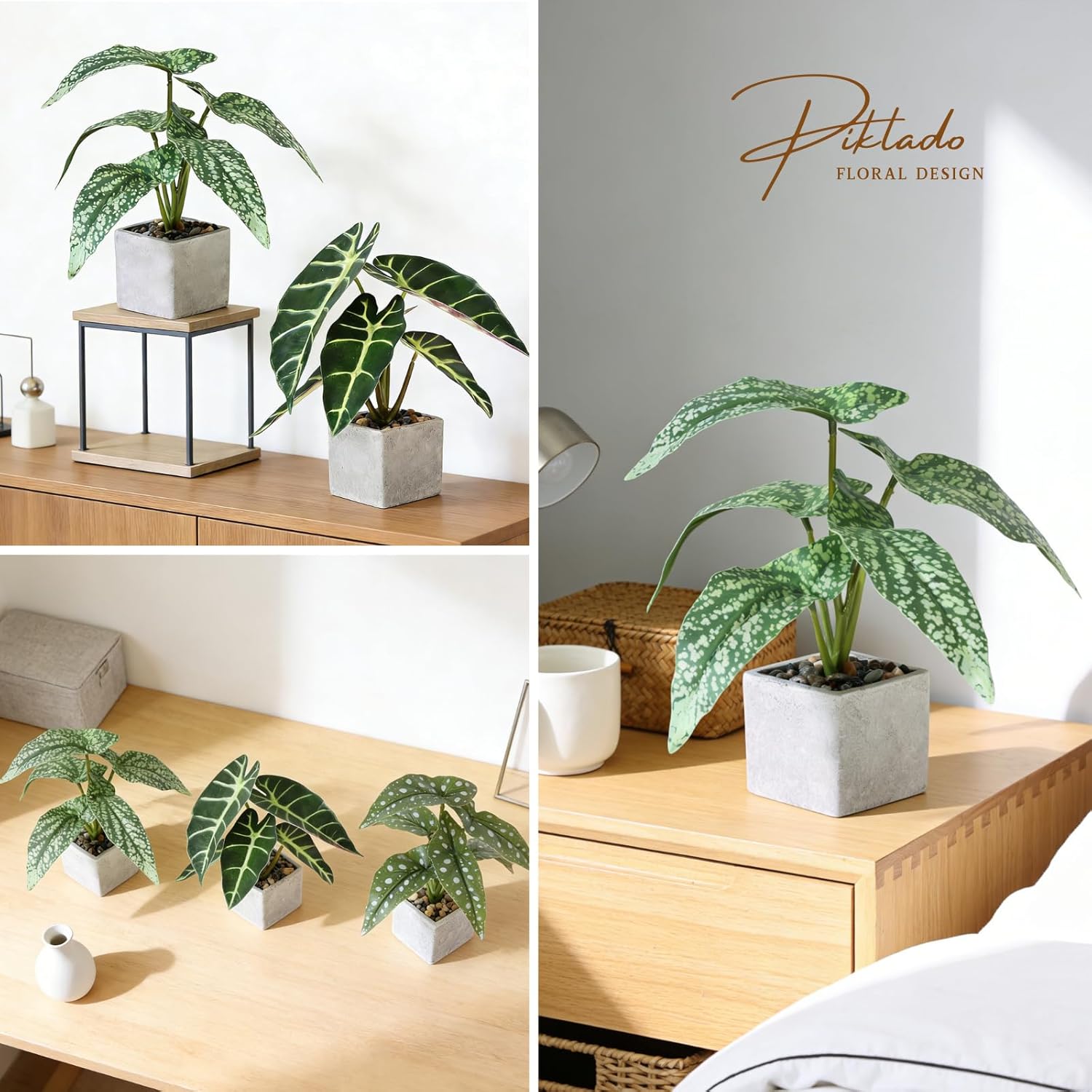 3pcs Small Fake Plants Artificial Begonia Leaves Faux Plants Indoor for Office Desk Shelf Bathroom Home Decor