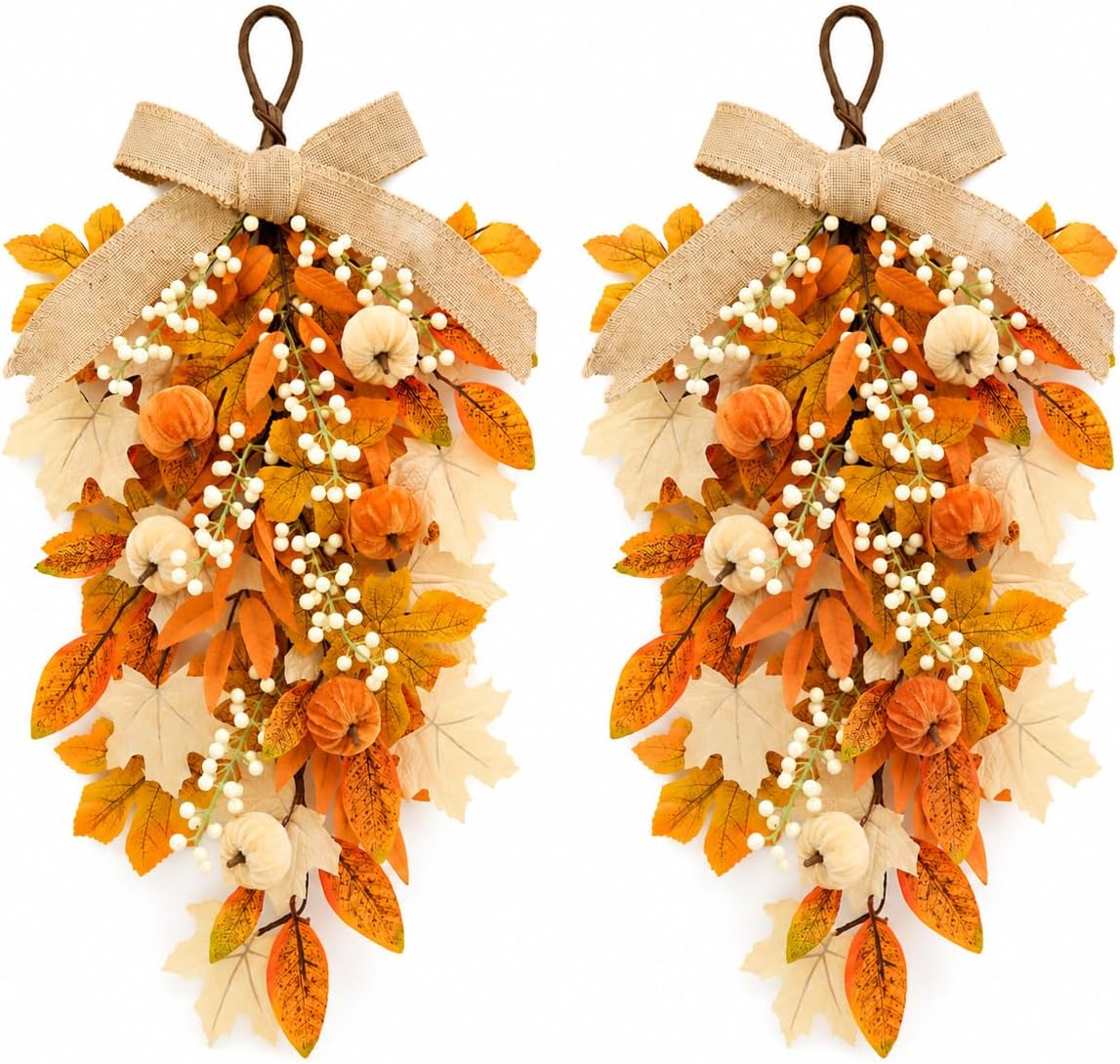 Fall Teardrop Swag Wreath for Front Door Porch 2 Pack 24Inch