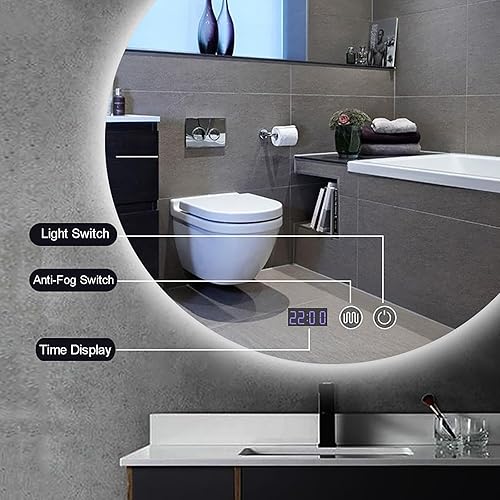 Miniatura 5 de JXYQZD Espejo de tocador iluminado, espejo redondo de afeitado, espejo de baño LED, espejo de pared para baño, espejo inteligente antivaho para baño