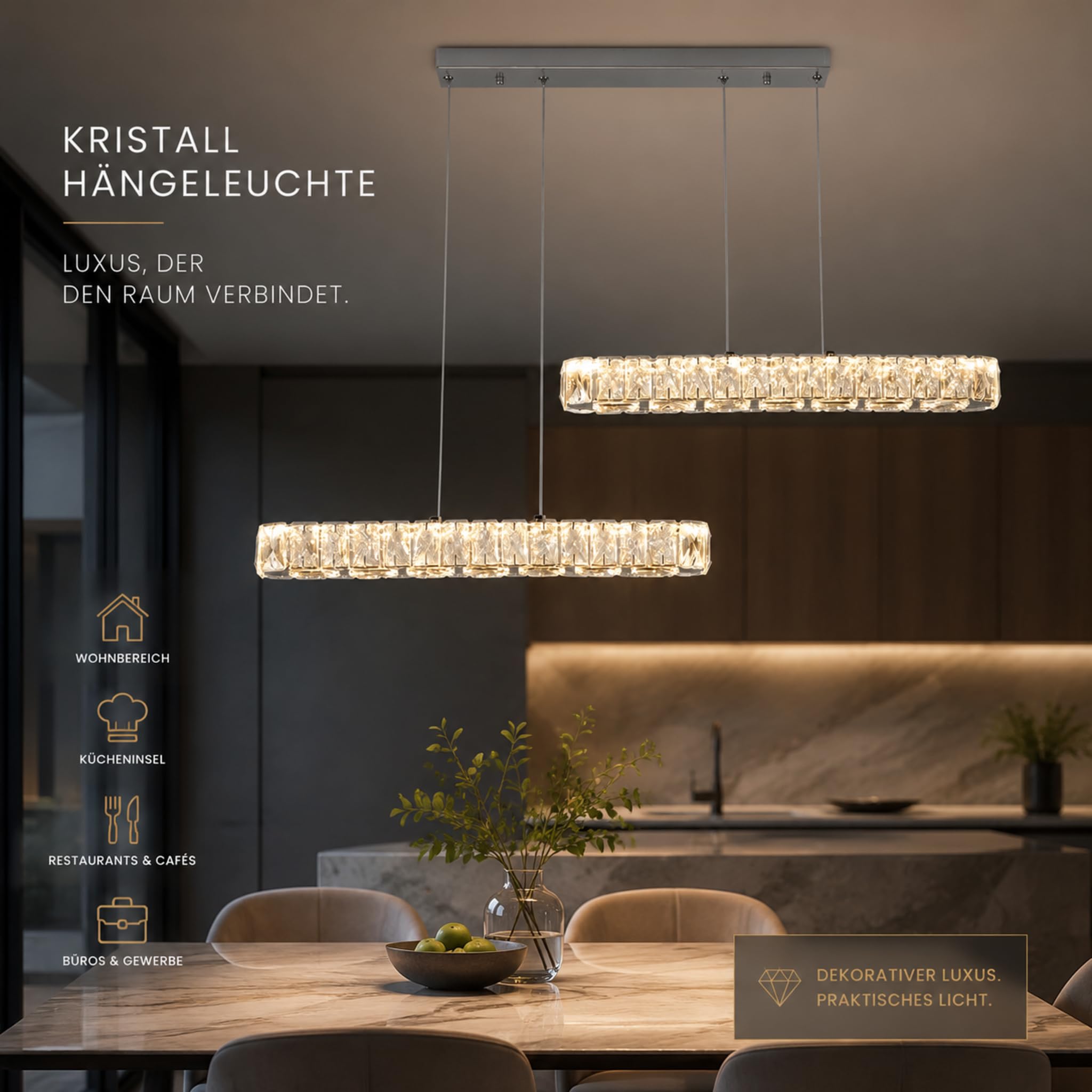 Doppel Linear Kristall LED Pendelleuchte 80cm Esstisch Höhenverstellbar | 3 Lichtfarben Hängeleuchte Kücheninsel Schlafzimmer Wohnzimmer Küche
