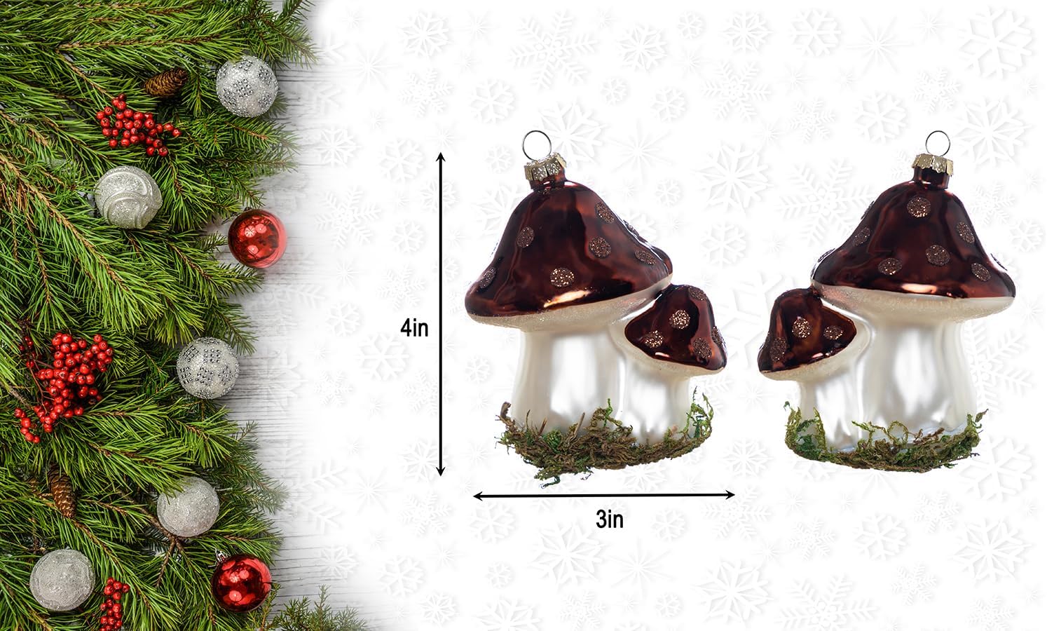 Set of 2 Blown Glass Mushroom Ornaments for Christmas Tree, Hanging Glass Mushroom Christmas Ornaments - Image 2