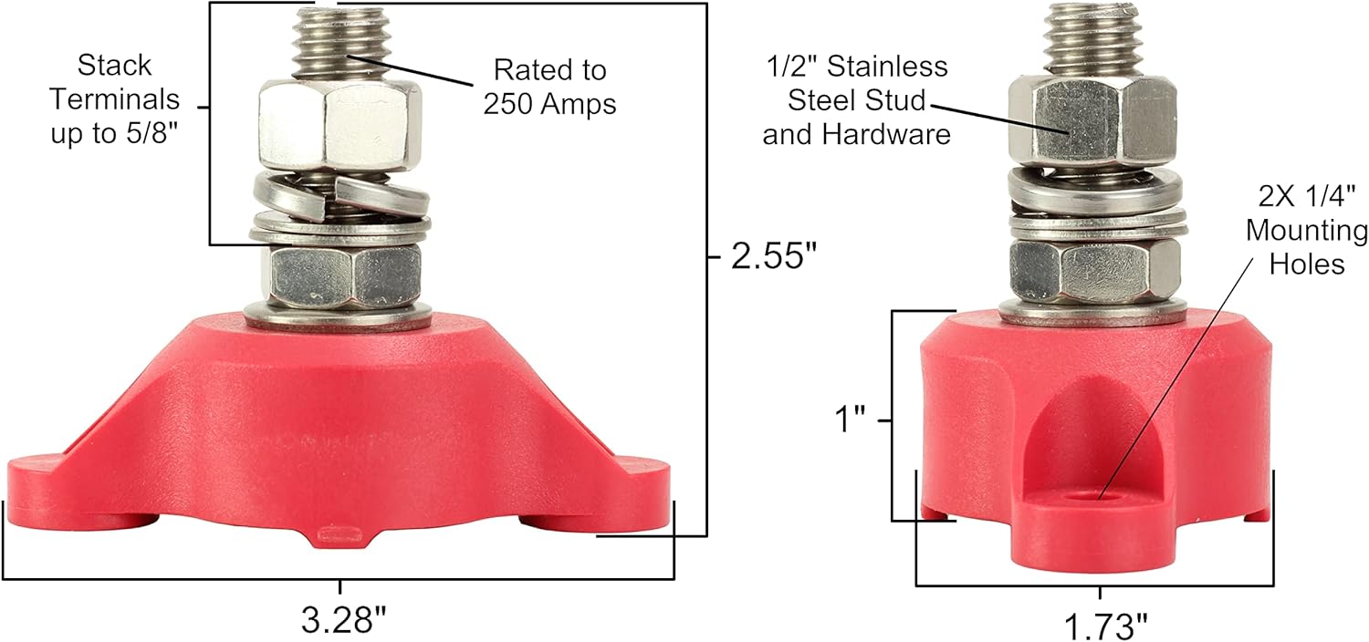 Fastronix 1/2" Heavy Duty Stainless Steel Single Stud Power and Ground Junction Block with Red and Black