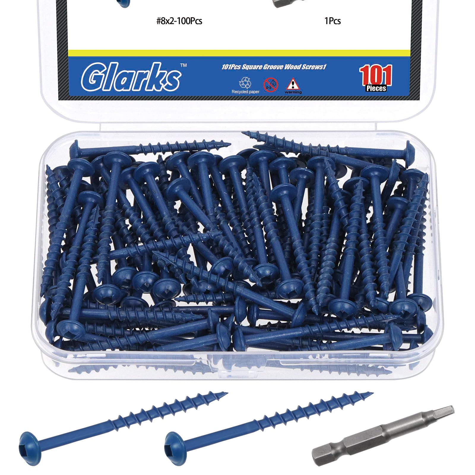 Glarks 100pcs #8 x 2’’ Pocket Hole Screws with Square Drill Bit Kit, Blue Coated Square Drive Wood Screws, Washer Head Coarse Thread Screw for Woodworking, Furniture