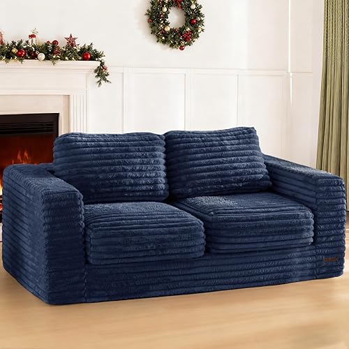 MAXYOYO Bean Bag Chair, Two-seat Bean Bag Sofa with Pillows and Armrests for Adults, Upholstered Loveseat Floor Sofa Couch Fluffy Chair Bean Bag Couch for Bedroom Living Room, Navy