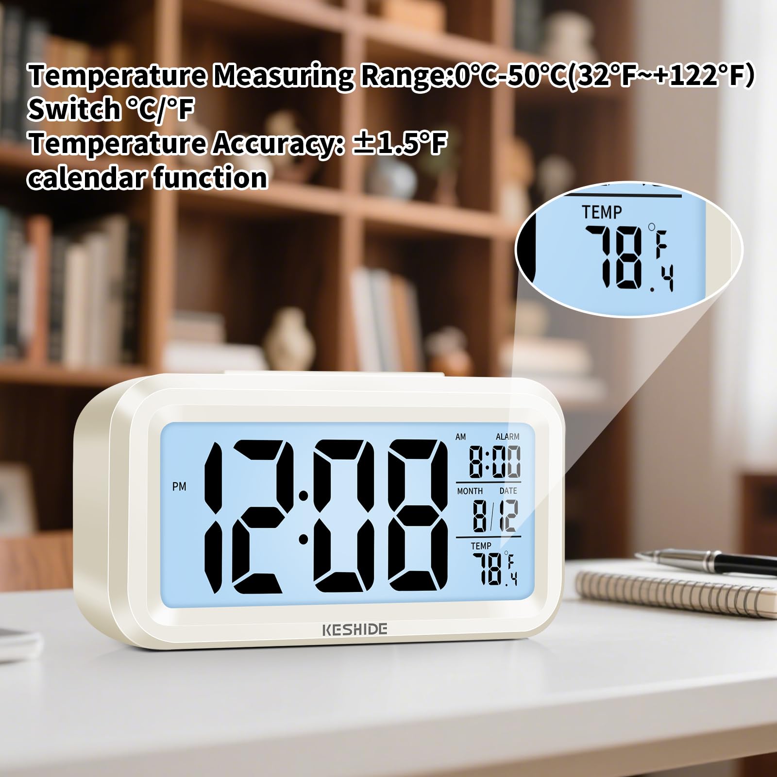 Reloj despertador digital con luz nocturna, funciona con pilas con temperatura interior, reloj pequeño de escritorio, modelo de repetición, pantalla de 12/24 horas para dormitorios, niños que