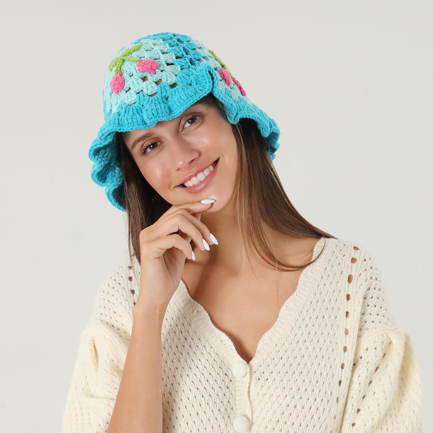 Fiewmay Crochet Bucket Hat for Women Handmade Floral Hat Portable Knitted Elastic Cute Beach Hat for Vacation Traveling - Image 3