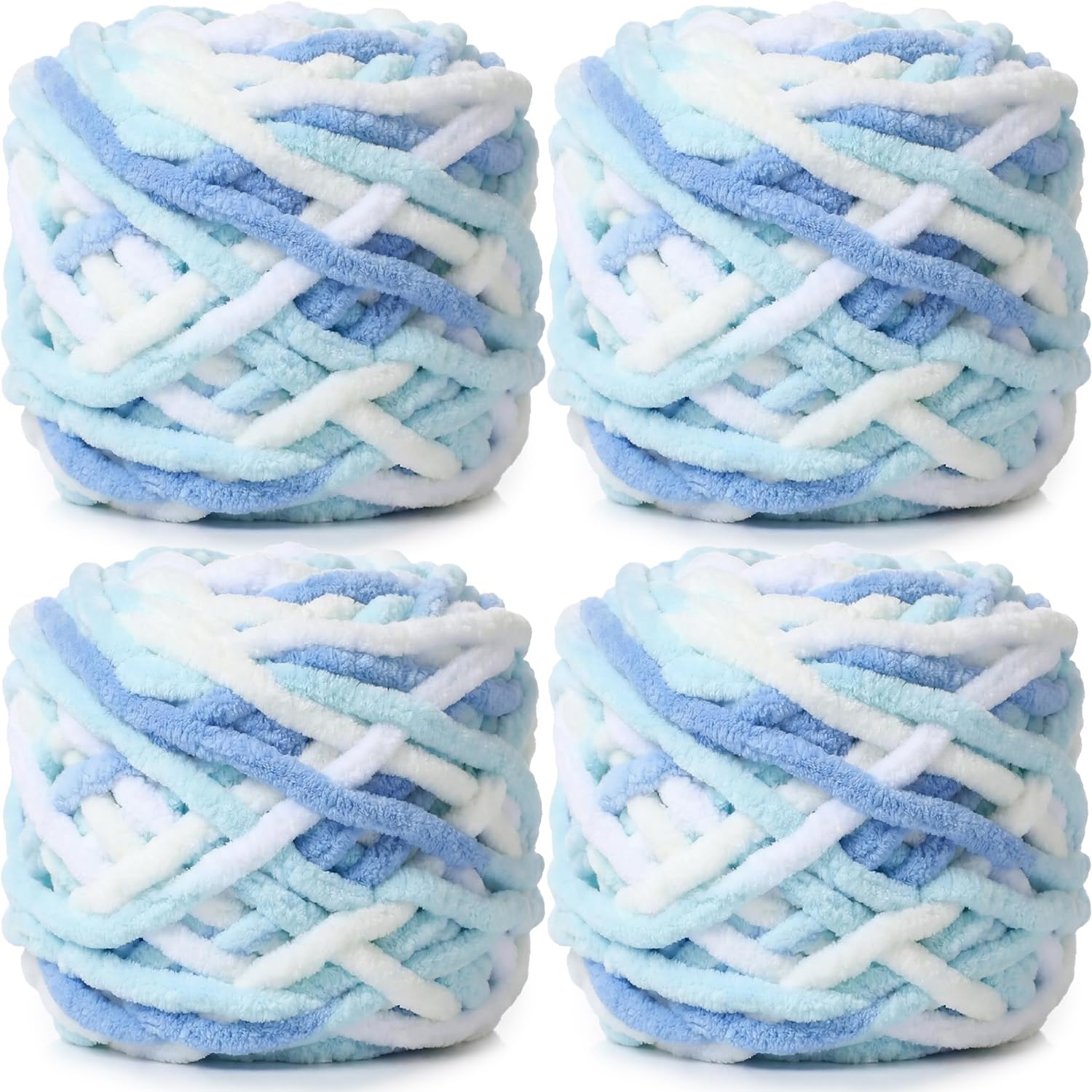 Lighterday Super Chunky Knit Chenille Yarn 4 x 100g Multi-Colored Crochet Wool for Hand Knitting Blankets,Knitting Wool for Big Blankets Sock and Scarves (White Blue Yellow)