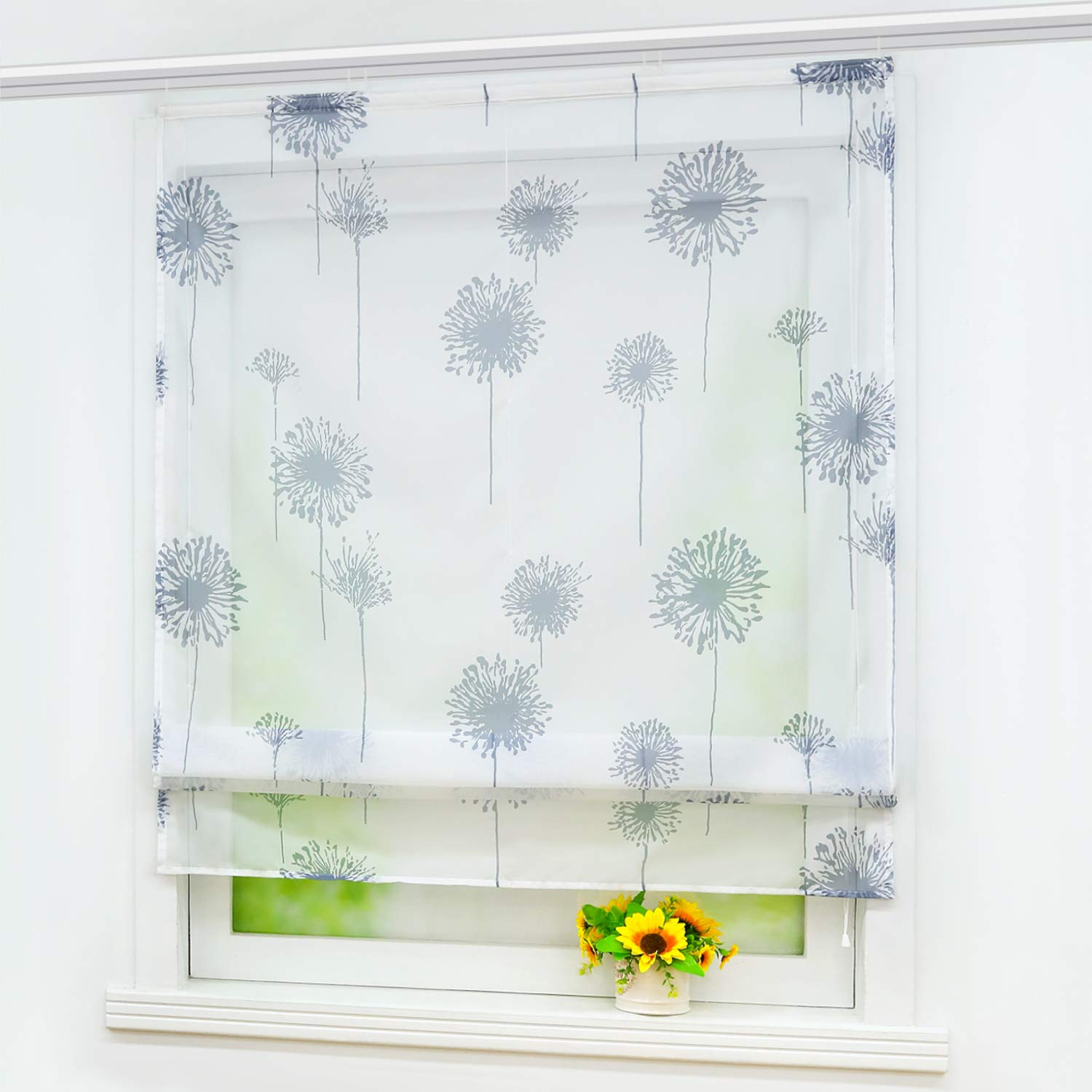 Voile Raffrollo mit Klettband Küche Transparente Raffgardine Bändchenrollo mit Pusteblume Druck Modern Weiß BxH 140x140cm 1 Stück