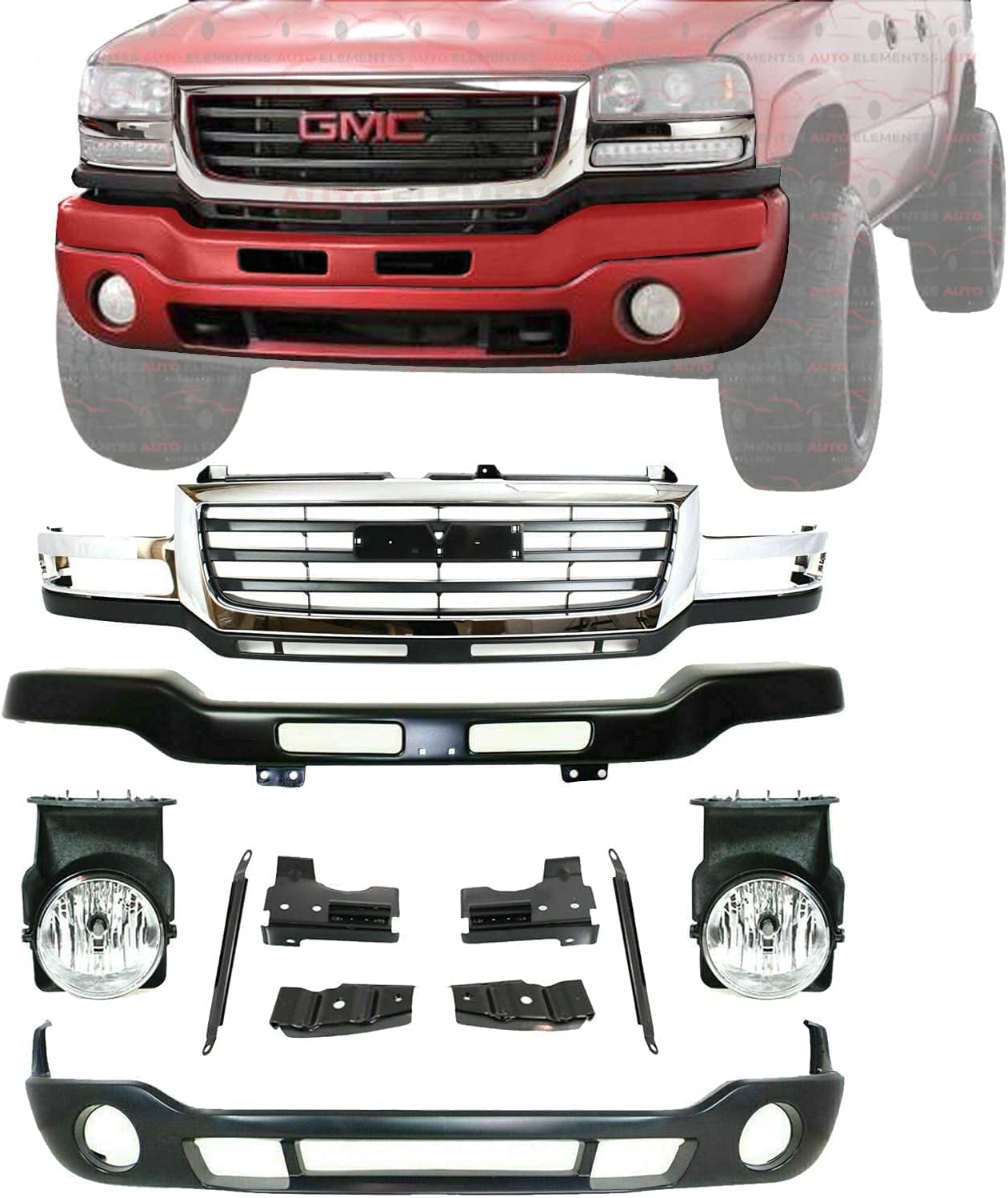 Front Bumper Paintable with Brackets + Lower Valance + Grille Assembly Chrome + Fog Lights For 2003-2007 GMC Sierra 2500HD 3500 Direct Replacement 19130795 15776381