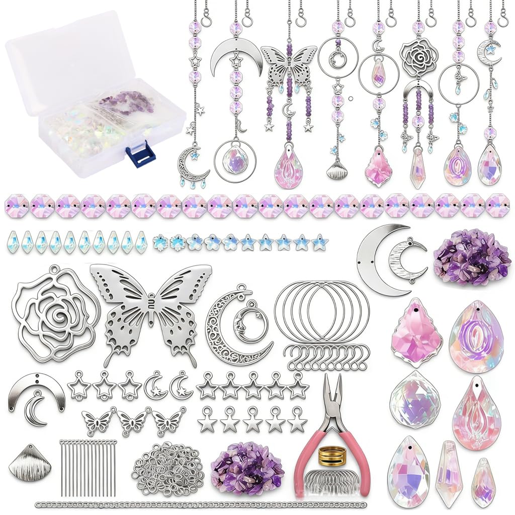 Zibuyu® 400Pcs DIY Suncatcher Making Kit with Sparkling Crystals & Charms, DIY Suncatcher Craft Set with Butterfly Moon Star Charms, Pliers, Jump Rings & Chains, Window Hanging & Jewelry Making Kit-picture-14