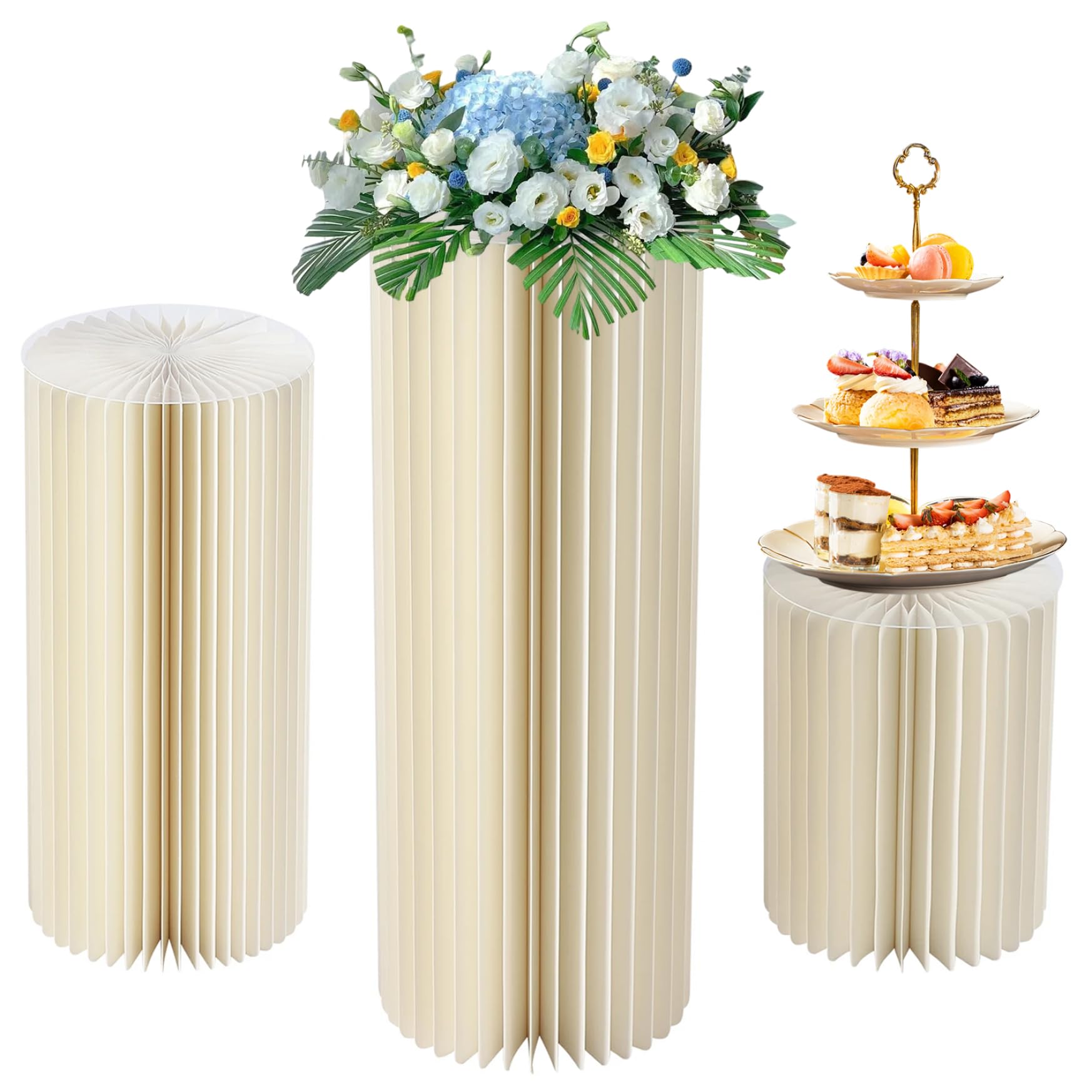 Rouloudun 3 Pcs Cylinder Pedestal Stand Elegant White Cardboard Cylinder Stands Foldable Reusable Wedding Dessert Cake Stand with Acrylic Lid for Anniversary, Christmas Displays 11/15/19 In Dia.