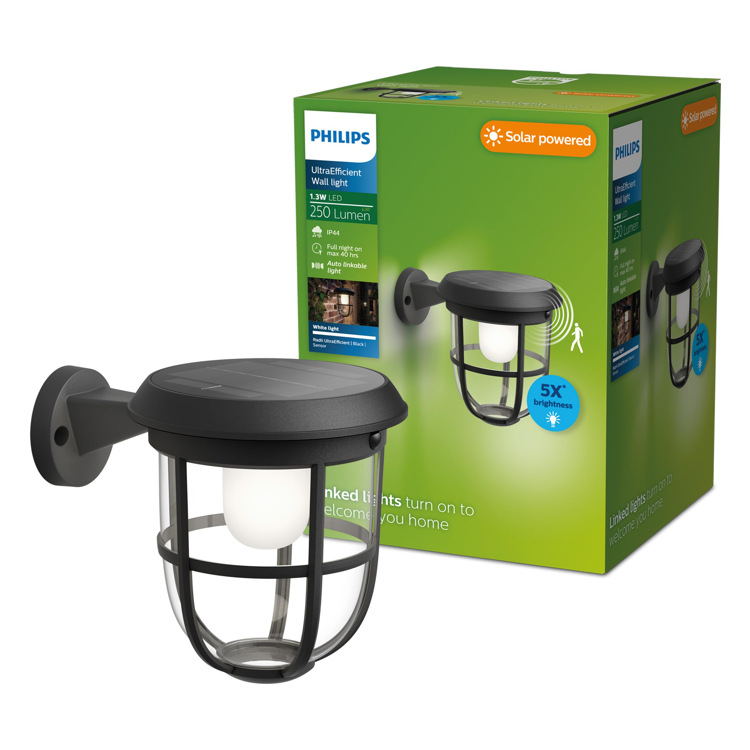 Philips Radii Ultraefficient Solarny Kinkiet z Funkcją Automatycznego Łączenia, 1.3 W, 3000 K, Czarny, Czujnik Ruchu, Ip44