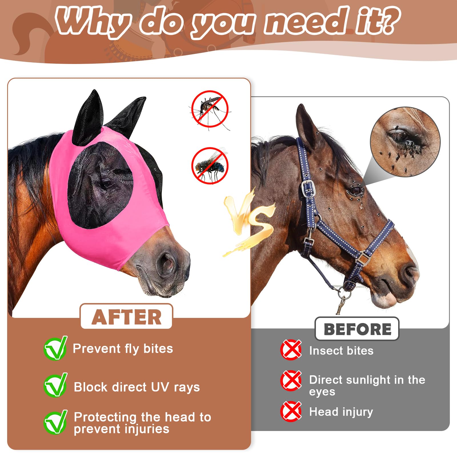 Máscara de mosca para caballos, cabestro con protección UV, gorro transpirable, shetty con orejas