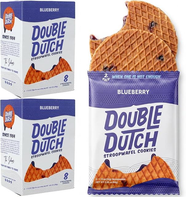 Double Dutch Stroopwafel Cookies – 2 Pack - 16 Waffles – Caramel, Blueberry, Vanilla, Chocolate Salted (16 Count, Blueberry)