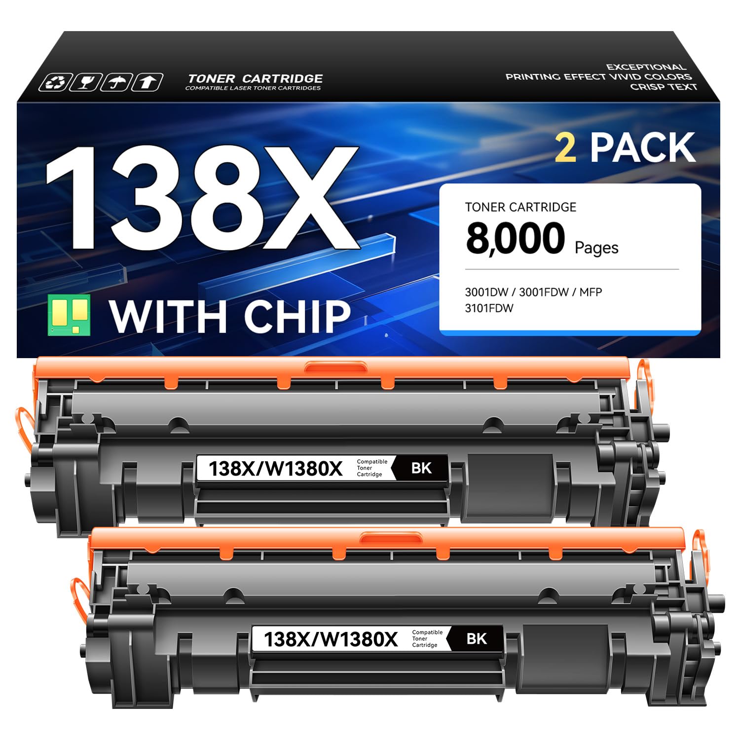 138X Toner Cartridges Black 2 Pack with Chip High Yield - Replacement for HP W1380A W1380X Toner Cateridge - Compatible with HP Laserjet Pro 3001dw 3001fdw MFP 3101fdw Printer Ink