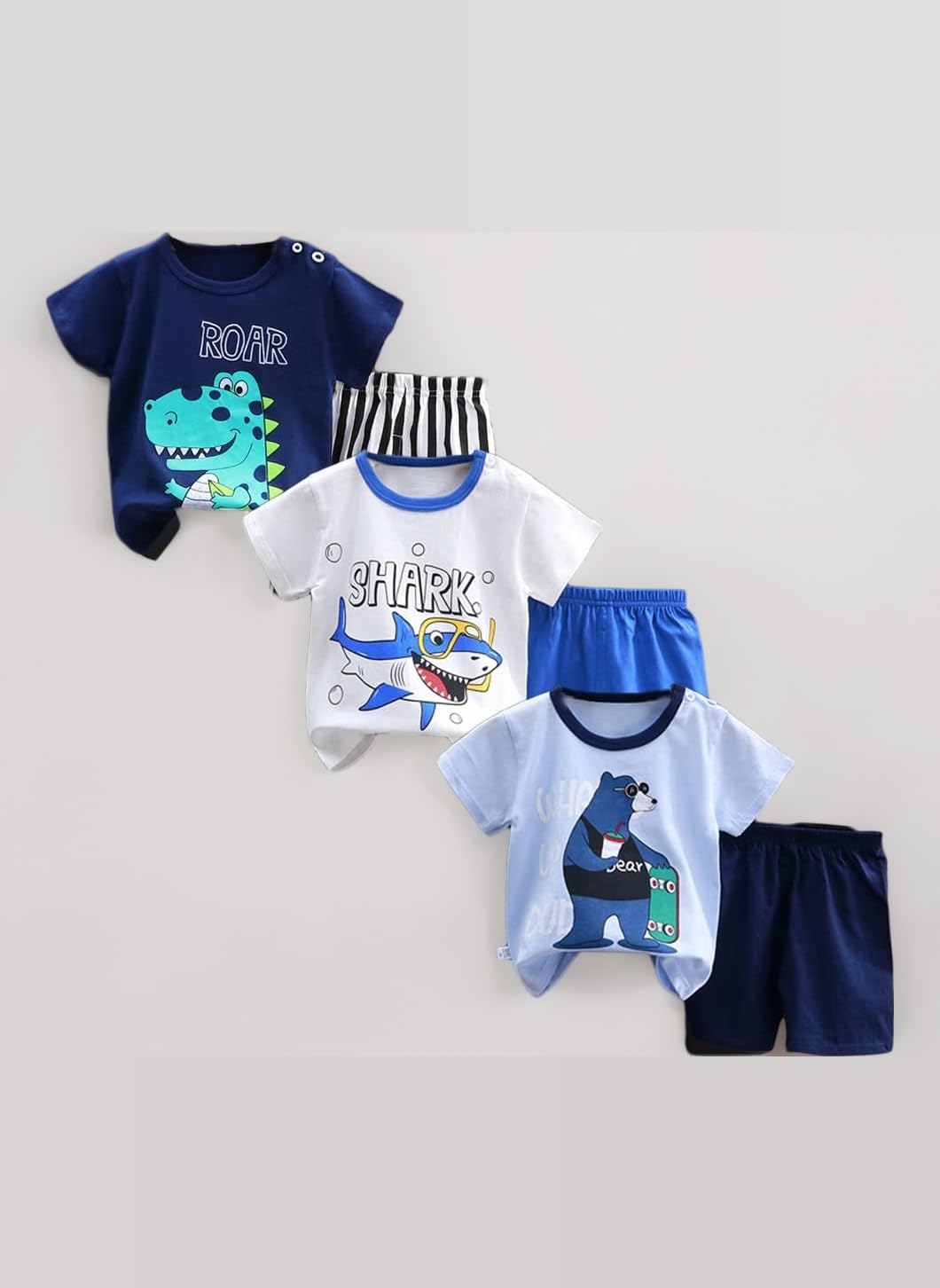 Baby Boys&Boys 3 Pack Short Sleeve T-Shirt & Shorts Outfits, Soft Cotton Summer Casual Wear with Cartoon Prints, Newborn Toddler Kids Clothing Set,3 Months-7 Years
