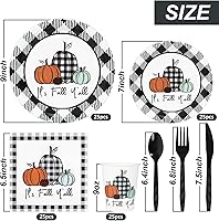 Vista 2 de Whaline Juego de vajilla desechable de 175 piezas de otoño de Acción de Gracias, 50 platos de papel, 25 servilletas, taza de papel, tenedor