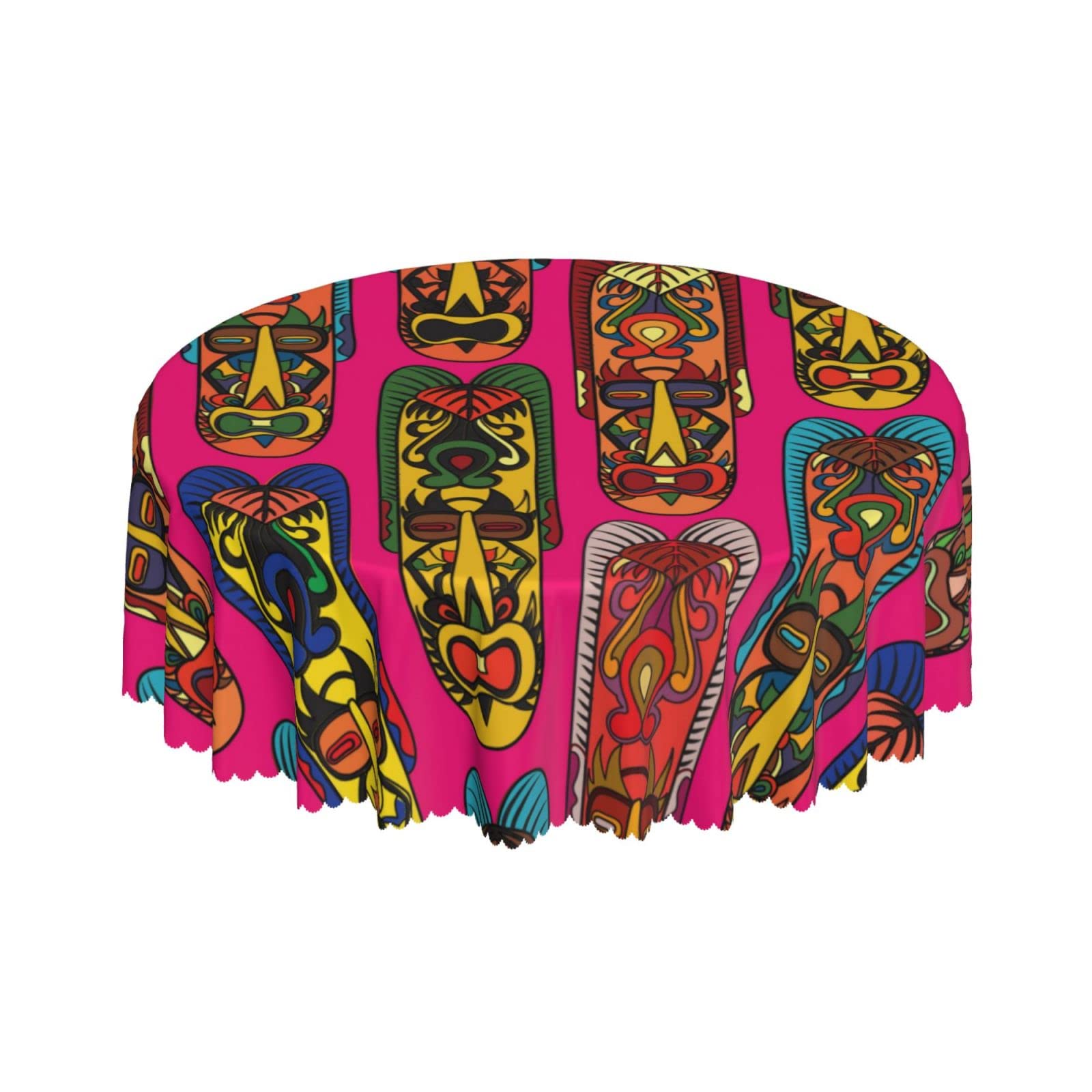 Lsjuee Tribal Style Mask Pink Round Tablecloth 60 Inch Printed Washable Tablecloth for Dining Party Holiday Fall Home Decorative