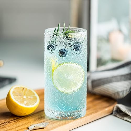 Miniatura 7 de Juego de 4 vasos de vidrio vintage, vasos para beber de 12.5 onzas, estilo estampado en relieve, juego de vasos de cóctel transparentes, para café