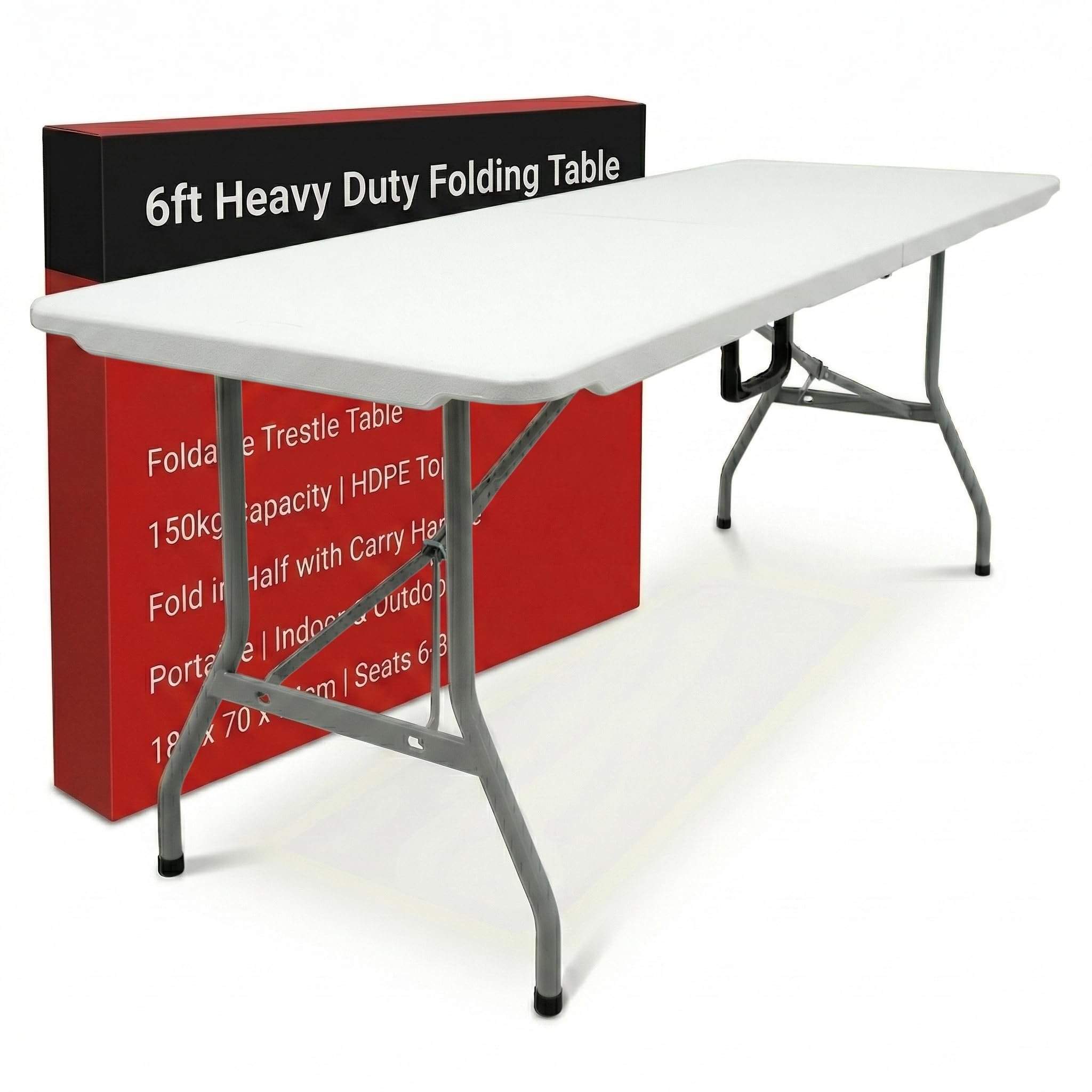 Build Rapido 6ft Heavy Duty Folding Table - Foldable Trestle Table Fold in Half with Carry Handle - 150kg Capacity HDPE Top - Catering Banquet Dining Party Event Table (White, 180cm)