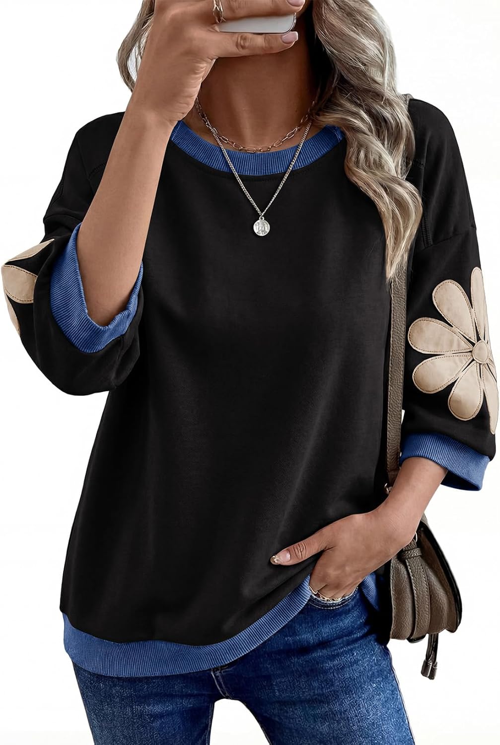 Dokotoo Women's Oversized 3/4 Sleeve Sweatshirt Floral Patch Crewneck Pullover Casual Tops