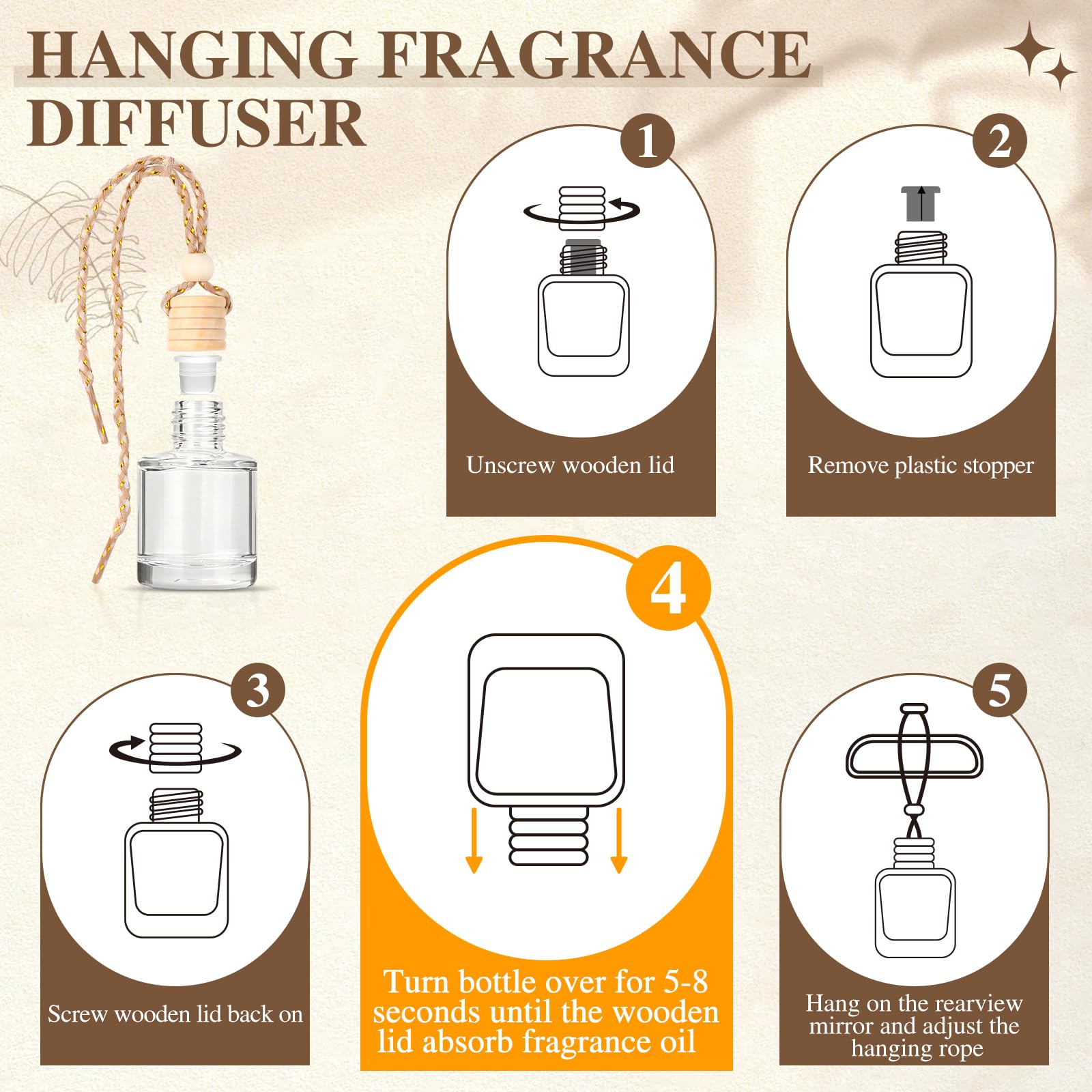 AROIC 4 Pack Car Air Freshener Hanging, Wooden Lid Essential Oil Air Freshener Hanging Car Diffuser, Natural Slow-Release Aroma for Auto Interior, Long-Lasting Fragrance Alternative to Spray Perfumes