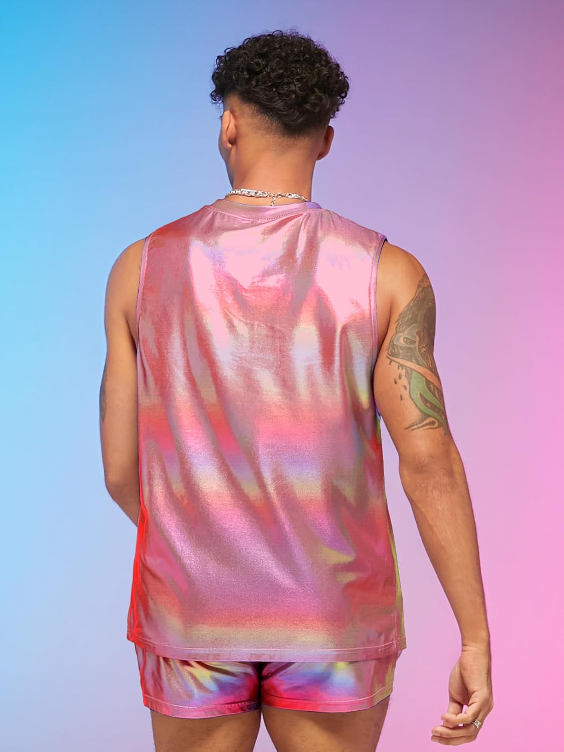 WDIRARA Men's 2 Piece Outfit Metallic Round Neck Sleeveless Tank Top and Drawstring Pocket Shorts