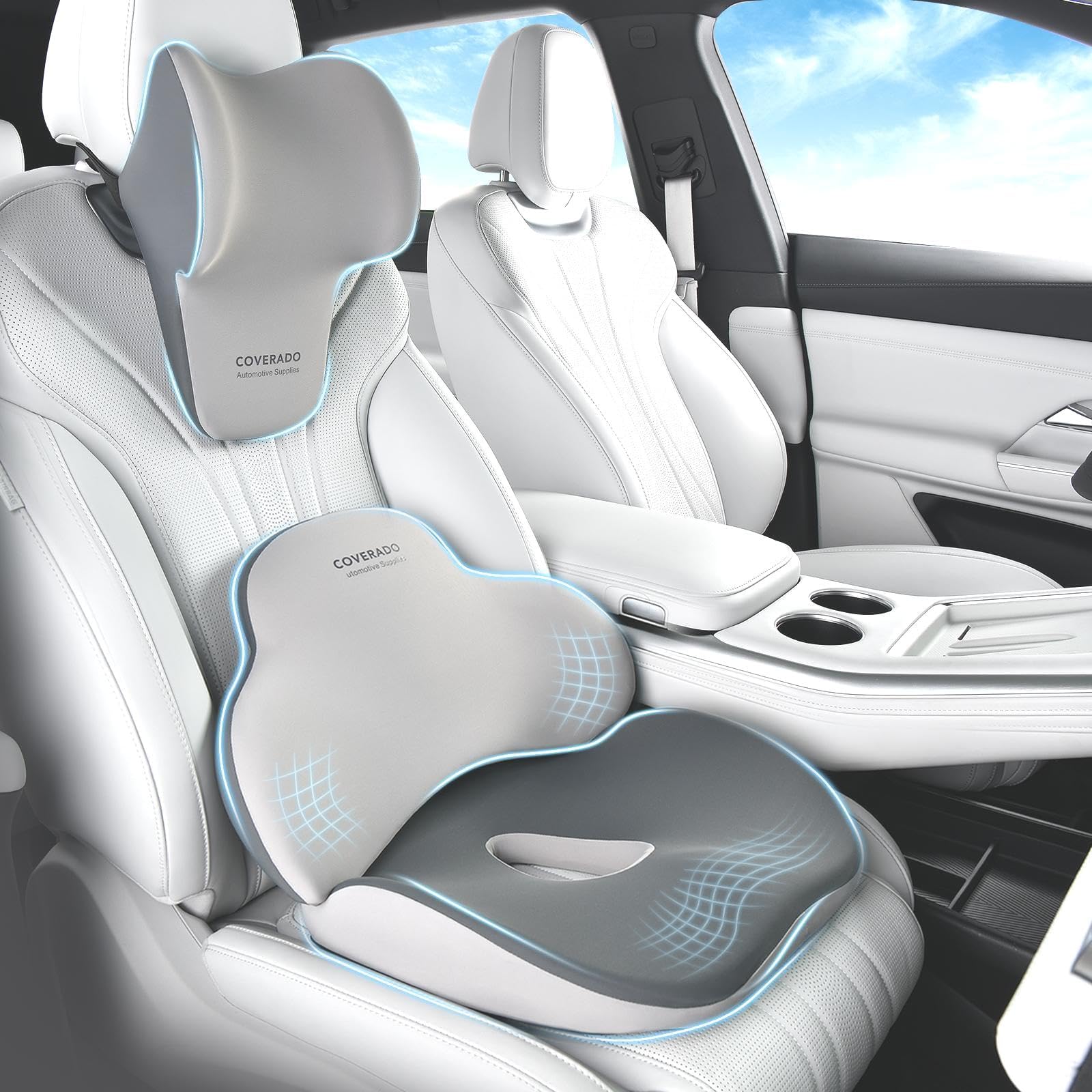 Coverado Seat Cushion and Lumbar Support Headrest Pillow for Car Office Chair, Ergonomic Memory Foam Chair Cushion Back Neck Support Pillow, Sciatica & Back & Tailbone Pain Relief Cushion-Bgray