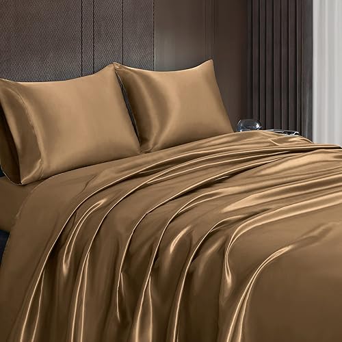 Juego de sábanas de satén de 4 piezas con bolsillo profundo de 18 pulgadas, juego de ropa de cama de satén sedoso marrón camello de lujo con 1