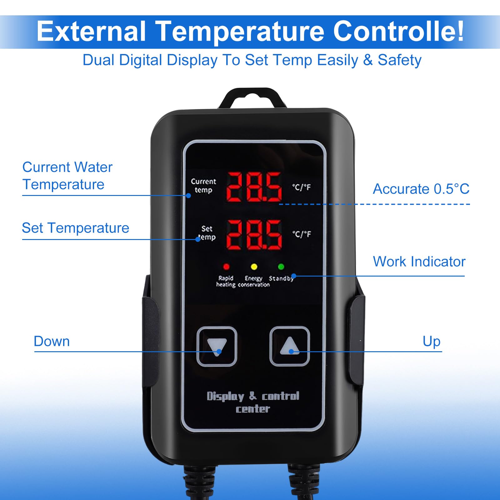 Nastopee Aquariumverwarming, 500 W, instelbaar, aquariumverwarmingselement met extern digitaal display, led-controller, oververhittingsbeveiliging, verwarming voor aquaria voor zout en zoet water (100