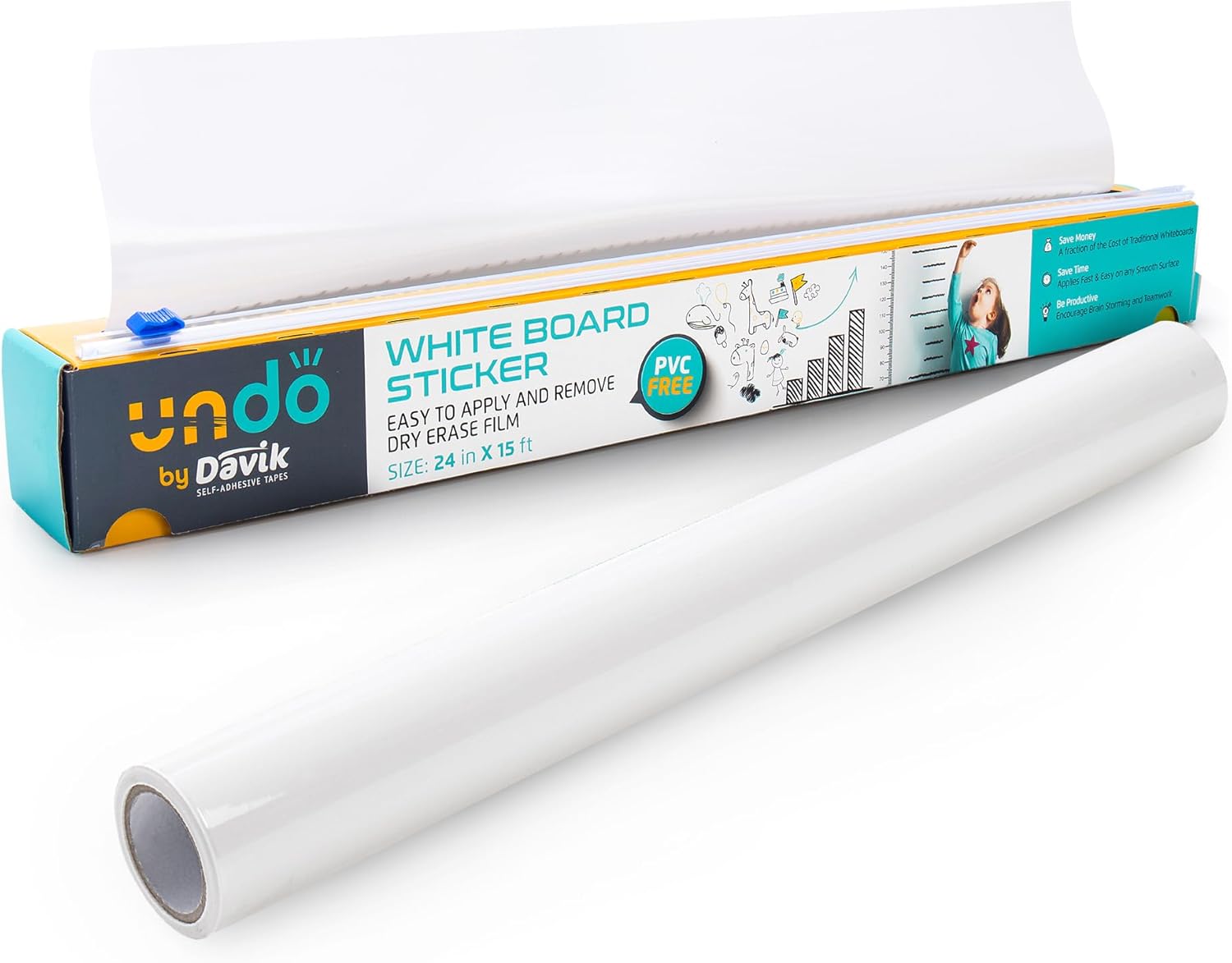 Davik - Multi-Purpose, Easy Cut and Setup Whiteboard Sticker - Customizable Peel and Stick Dry Erase Board for Wall Art or Classroom Decor- Office and School Supplies (24 Inches by 15 feet)