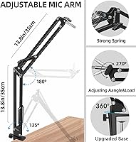 Vista 2 de Microphone Stand for Blue Yeti Snowball Boom Arm Scissor Mic Stand with Shock Mount Windscreen and Double layered Pop Filter Heavy Duty Mic Boom Arm