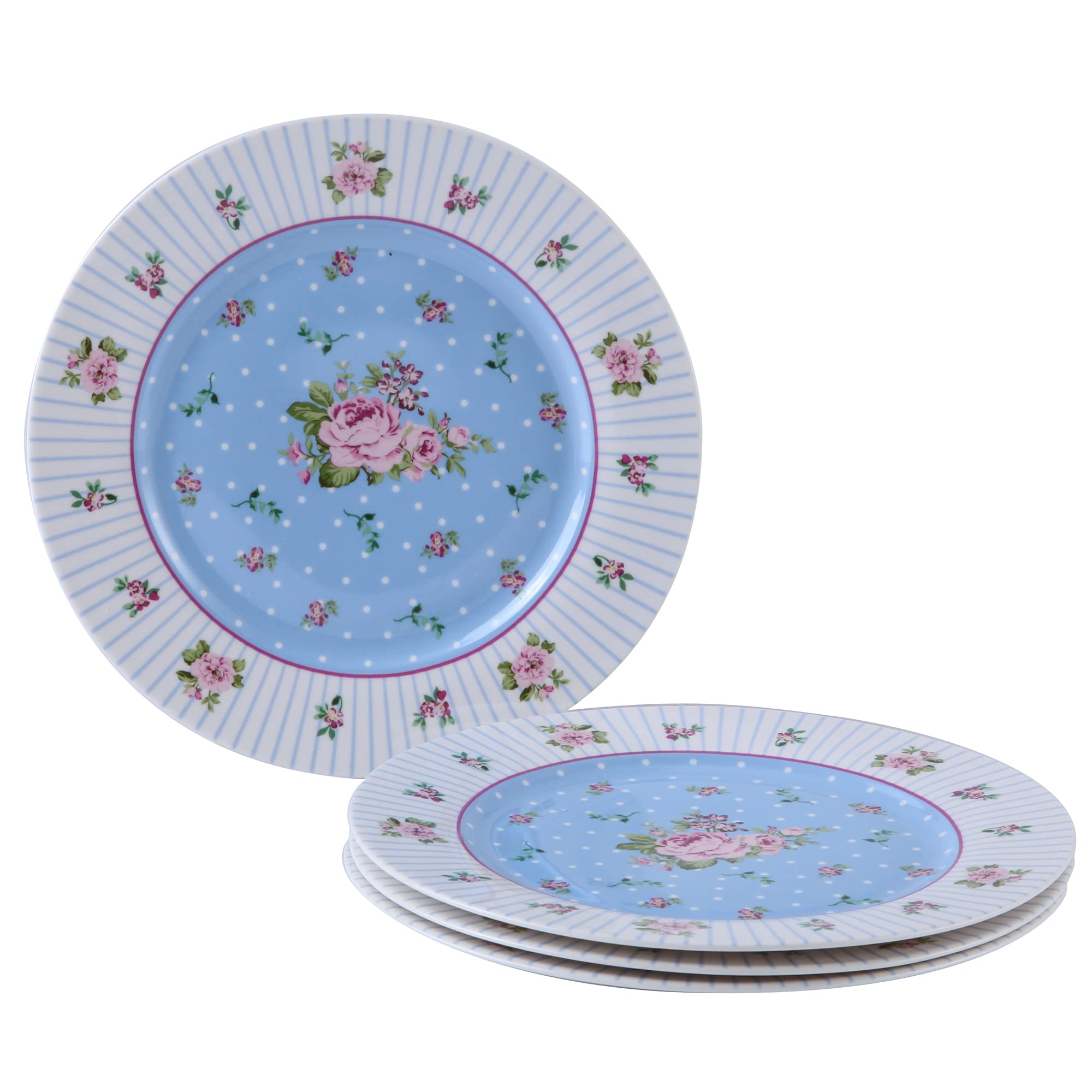 London Boutique Lot de 4 assiettes à gâteau en porcelaine fine à bords larges Style shabby chic Bleu rose, 7.5 inch